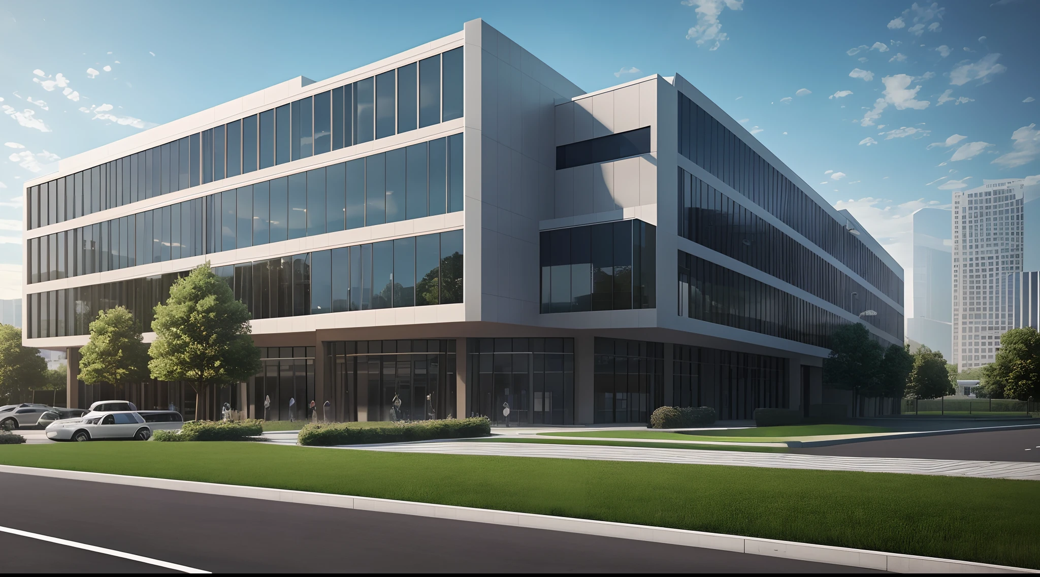 Architectural landscape,There is a meadow in front, research complex, medical research facility, wide angle exterior 2022, modern technology building, the photo shows a large, Office building, building facing, University, coper cladding, high detail photo, There are vehicles on the road,parking space,News, wide image, kan liu, Wu Liu, foster and partners, Office, leaked image,16K,Ultra photo realsisim,realisticlying,closeup cleavage,Promotional image