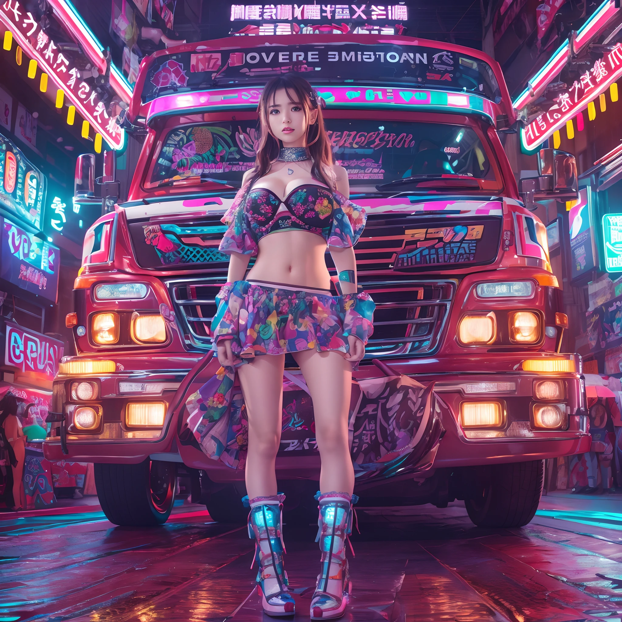 8k, top-quality, (pubic hair beauty)、hight resolution, realisticlying, realperson, Photo: Glamorous「Dekotora」Confident on top of々Girl Standing (Decorated Trucks) With dazzling neon lights. The tracks are covered with intricate designs and shimmering decorations. The Girl, Against the background of these synchrotron radiation, Take dynamic poses, Her outfit is、It complements the vibrant aesthetic of the truck、huge tit、beauty legs、Short clothes that expose the stomach、micromini skirt