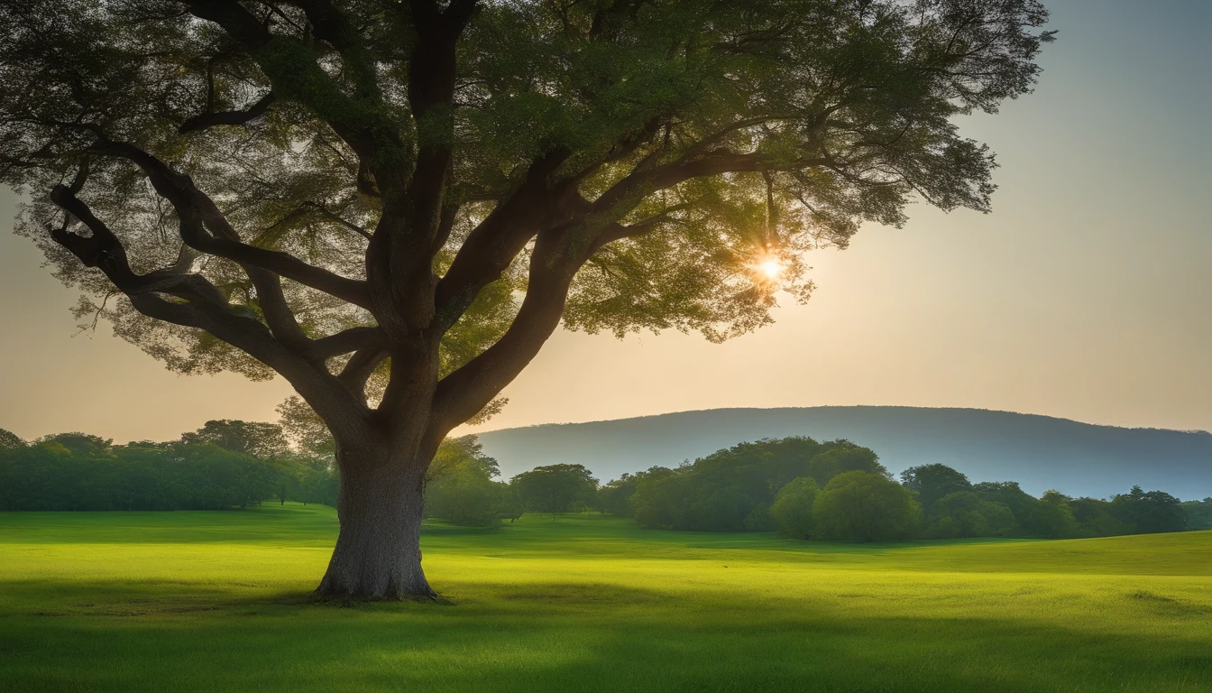 head portrait，cloudless sky，The tree，green grasslands