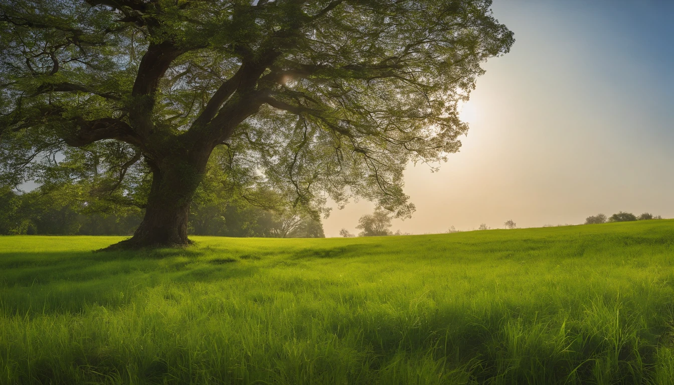 head portrait,cloudless sky,The tree,green grasslands
