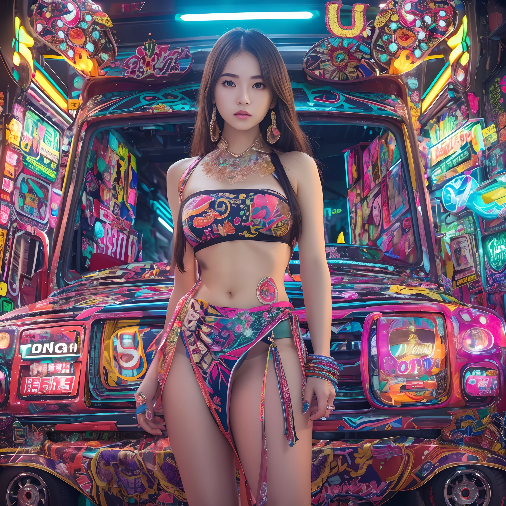 8k, top-quality, （pubic hair beauty）、hight resolution, realisticlying, realperson, Photo: Glamorous「Dekotora」Confident on top of々Girl Standing (Decorated Trucks) With dazzling neon lights. The tracks are covered with intricate designs and shimmering decorations. The Girl, Against the background of these synchrotron radiation, Take dynamic poses, Her outfit is、It complements the vibrant aesthetic of the truck、huge tit、beauty legs、Short clothes that expose the stomach、micromini skirt