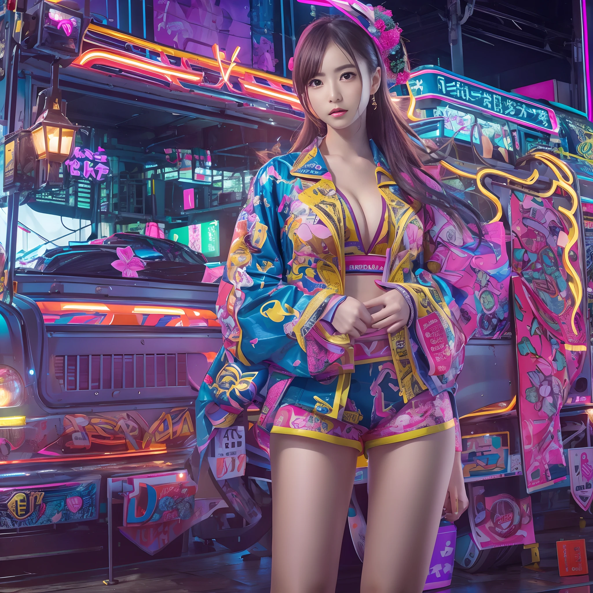 8k, top-quality, (pubic hair beauty)、hight resolution, realisticlying, realperson, Photo: Glamorous「Dekotora」Confident on top of々Girl Standing (Decorated Trucks) With dazzling neon lights. The tracks are covered with intricate designs and shimmering decorations. The Girl, Against the background of these synchrotron radiation, Take dynamic poses, Her outfit is、It complements the vibrant aesthetic of the truck、huge tit、beauty legs、Short clothes that expose the stomach、micromini skirt