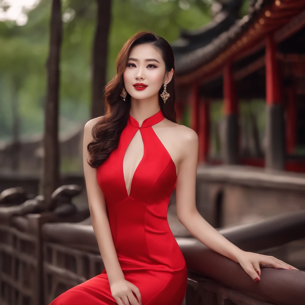 A beautiful Chinese model in a gorgeous slim-fitting red cheongsam,Voluptuous and sexy,The background is on the catwalk,HD face,Bright eyes。