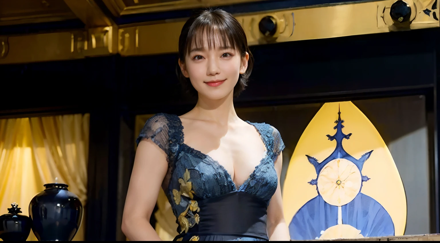 77
(20-year-old princess,is standing), (A hyper-realistic), (masutepiece), ((short-hair:1.46)), (Smooth black hair), (Breast:1.0), (kindly smile:0.9), (Luxurious dress in blue and yellow:1.46), Majestic Palace, Orange Lipstick