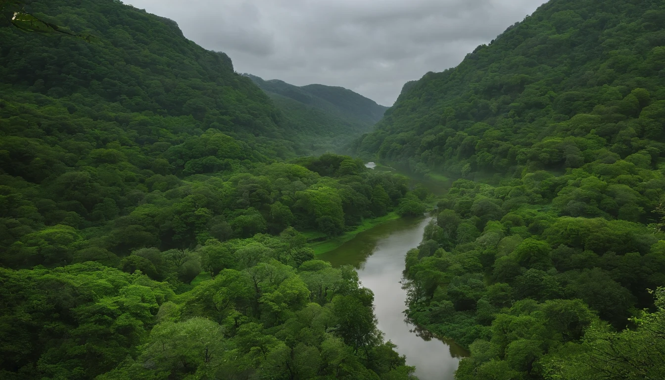 There are some trees and birds in the green area,The environment is a bit cloudy, A river