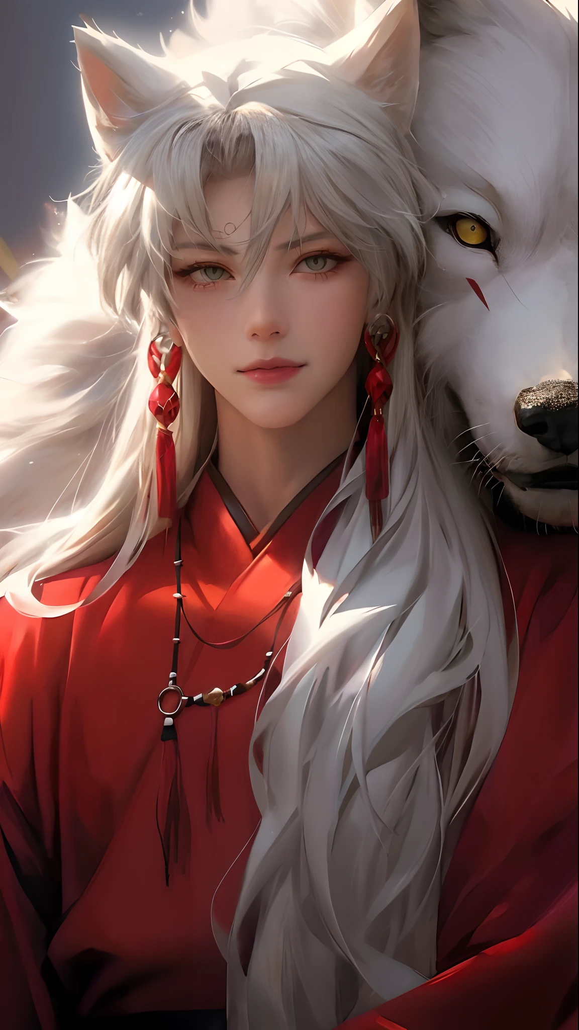 anime girl with white hair and wolf headdress, anime tribal boy with long hair, by Yang J, he has yellow wolf eyes, artwork in the style of guweiz, with long white hair, with white long hair, detailed anime character art, white haired, white - haired fox, guweiz, anime character, stunning anime face portrait, beautiful character painting