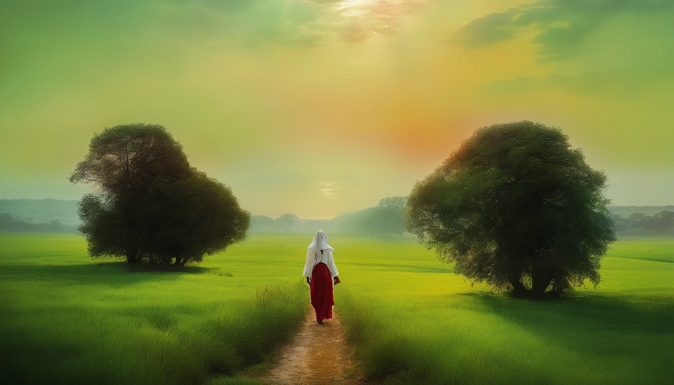 A red path in the middle of a green field, ((Giant sun)),Darren Budd's ultra-finely detailed paintings, shutterstock contest winner, neo-romanticism, soft mist, Made of fog, Deviant-art,Fujifilm XT3,author：Steve McCurry, author：Alessio Albi, by Lee Jeffries, author：Herb Ritts, author：Jeremy Mann，Long shot,Wide view, commerciaphotography