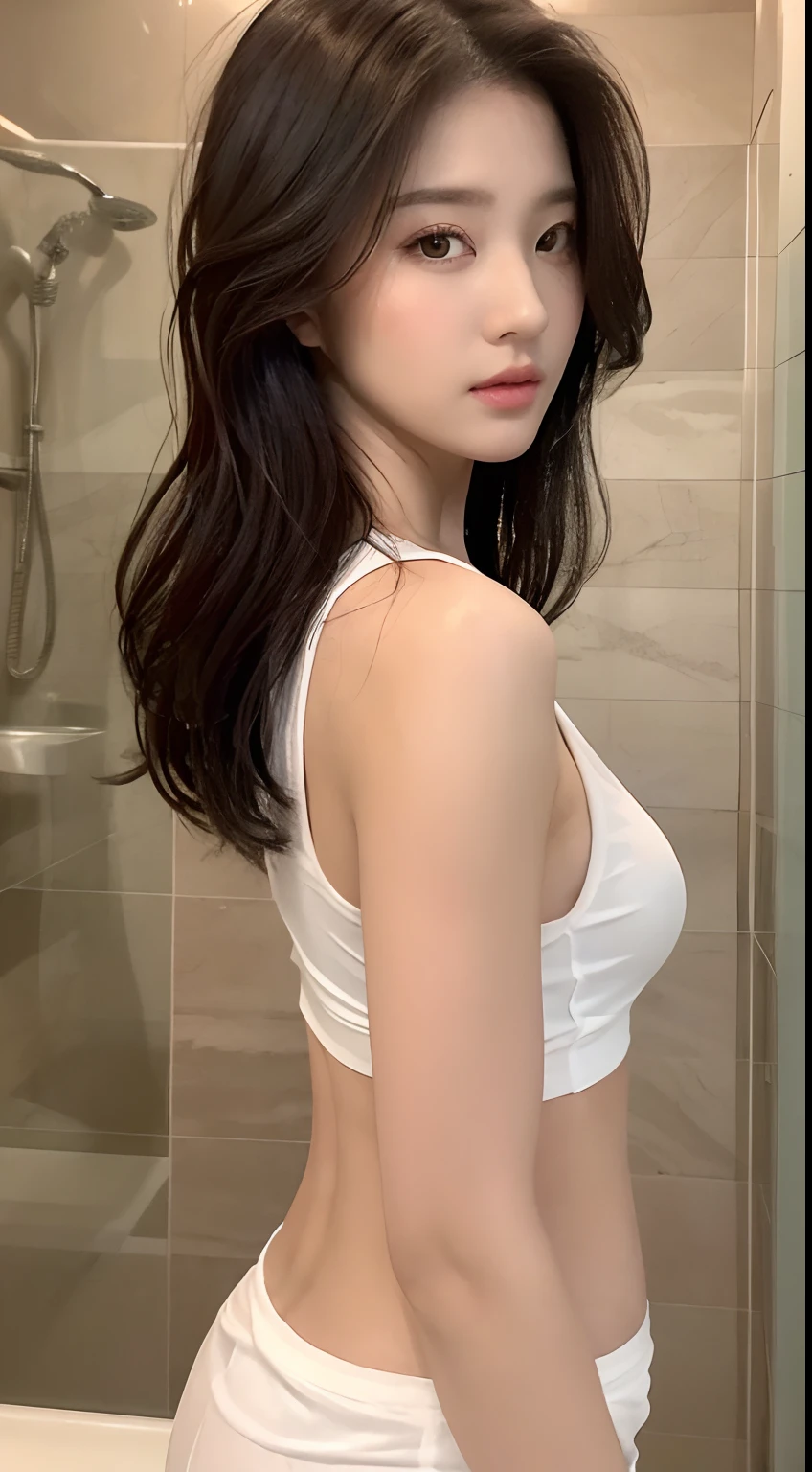 ((Best quality, 8k, Masterpiece :1.3)), Sharp focus:1.2, Perfect Body Beauty:1.4, Slim Abs:1.2, (Layered hairstyle: 1.2)), (Tank top shirt:1.1), (Bathroom:1.2), Highly detailed face and skin texture, Fine eyes, Double eyelids