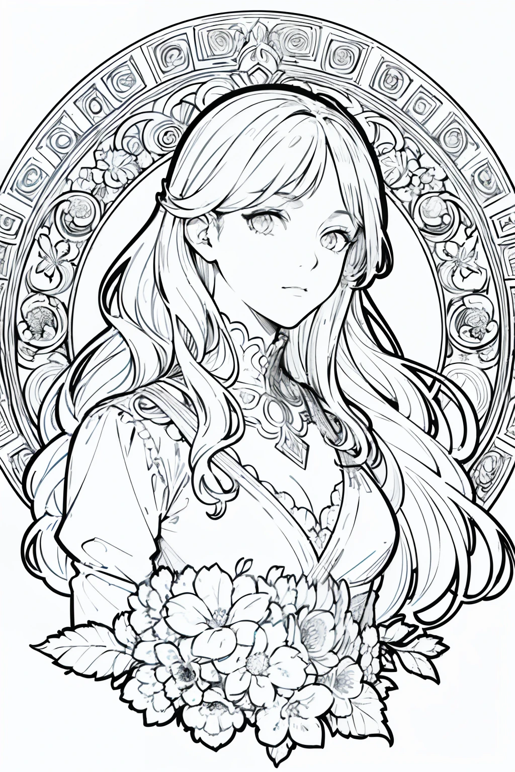 European women's face portrait, long curly hair, blonde, floral frame, decorative panel, abstract
Art by Alphonse Mucha, sketch, character lines and scenes without colors and shadows.
(Masterpiece, Best Quality, Highres:1.4), Detailed, Intricate Details, 4K, color splashes, line art, fibonacci,