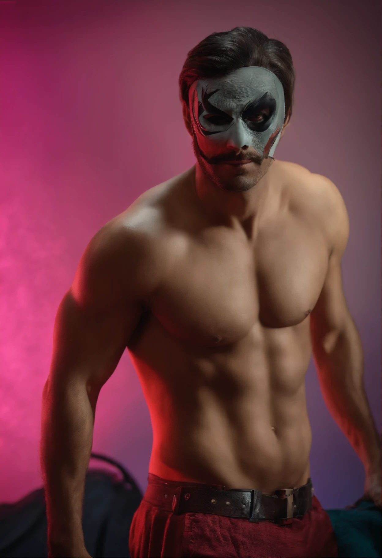 Very realistic 35-year-old guy , with Halloween costume with mask and without a shirt