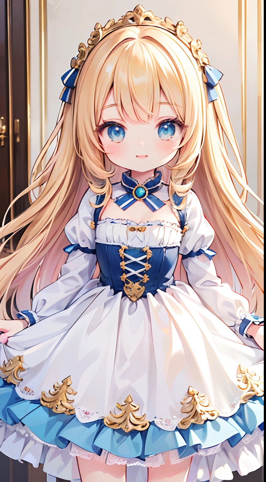 ((Ultra-detailed)),masutepiece,Best Quality,(1 girl),Kawaii Girl,(Illustration),(Solo),((extremely delicate and beautiful)),((Wearing a Doll Dress)),((Rococo style)),(royal),corsets,Brilliant,Golden hair,Blue eyes, Beautiful detailed eyes,Cute,light,crepuscular,Energetic smile,[[[[Rosa]]]]],