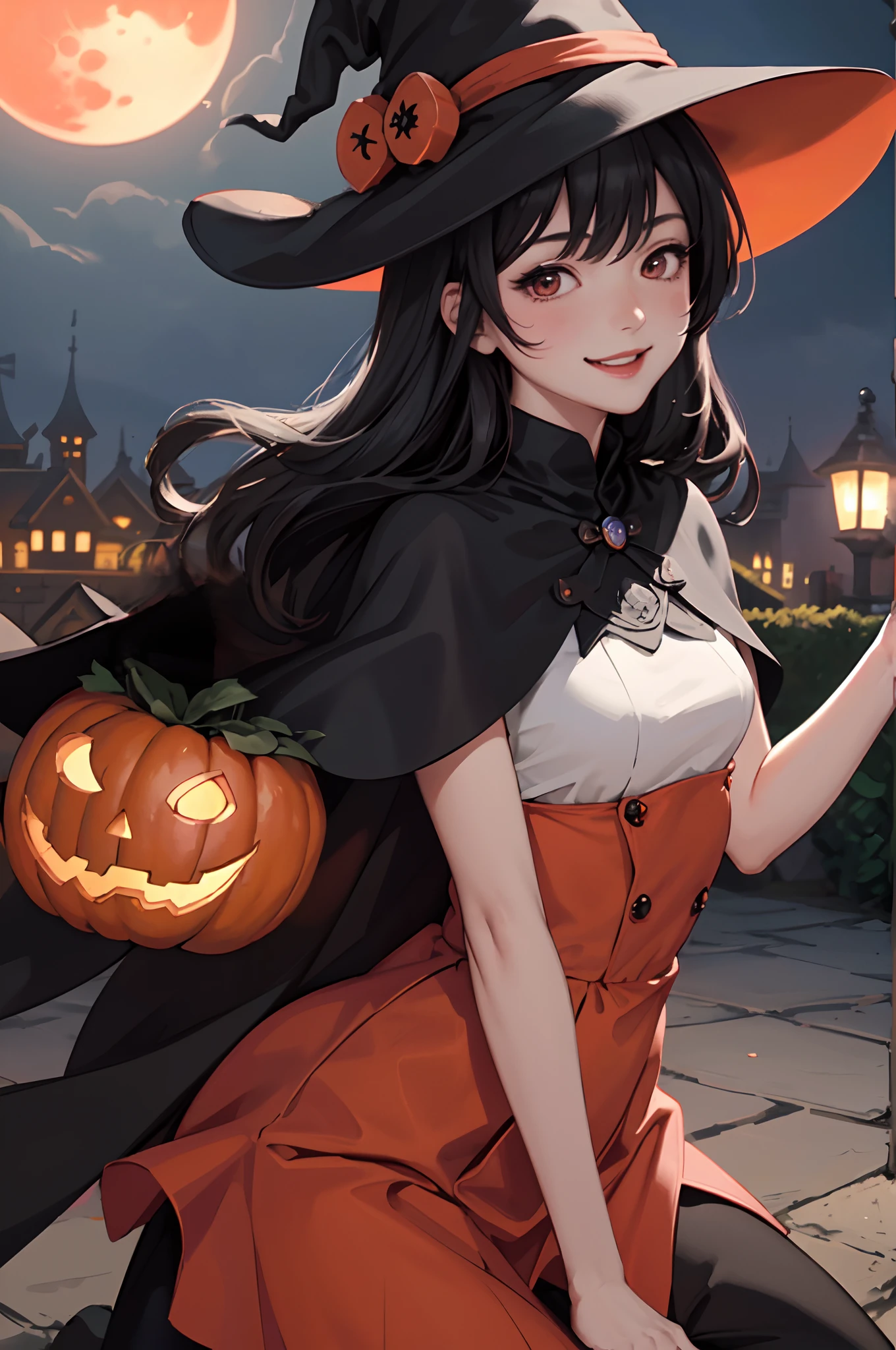 1lady solo, riding on big broom, /(witch costume hat/) /(black capelet/), /(black hair/) bangs, blush kind smile, (masterpiece best quality:1.3) delicate illustration ultra-detailed , large breasts BREAK /(amusement park castle/) outdoors, jack-o'-lantern Halloween parade, crowded audience, night /(small red moon/)