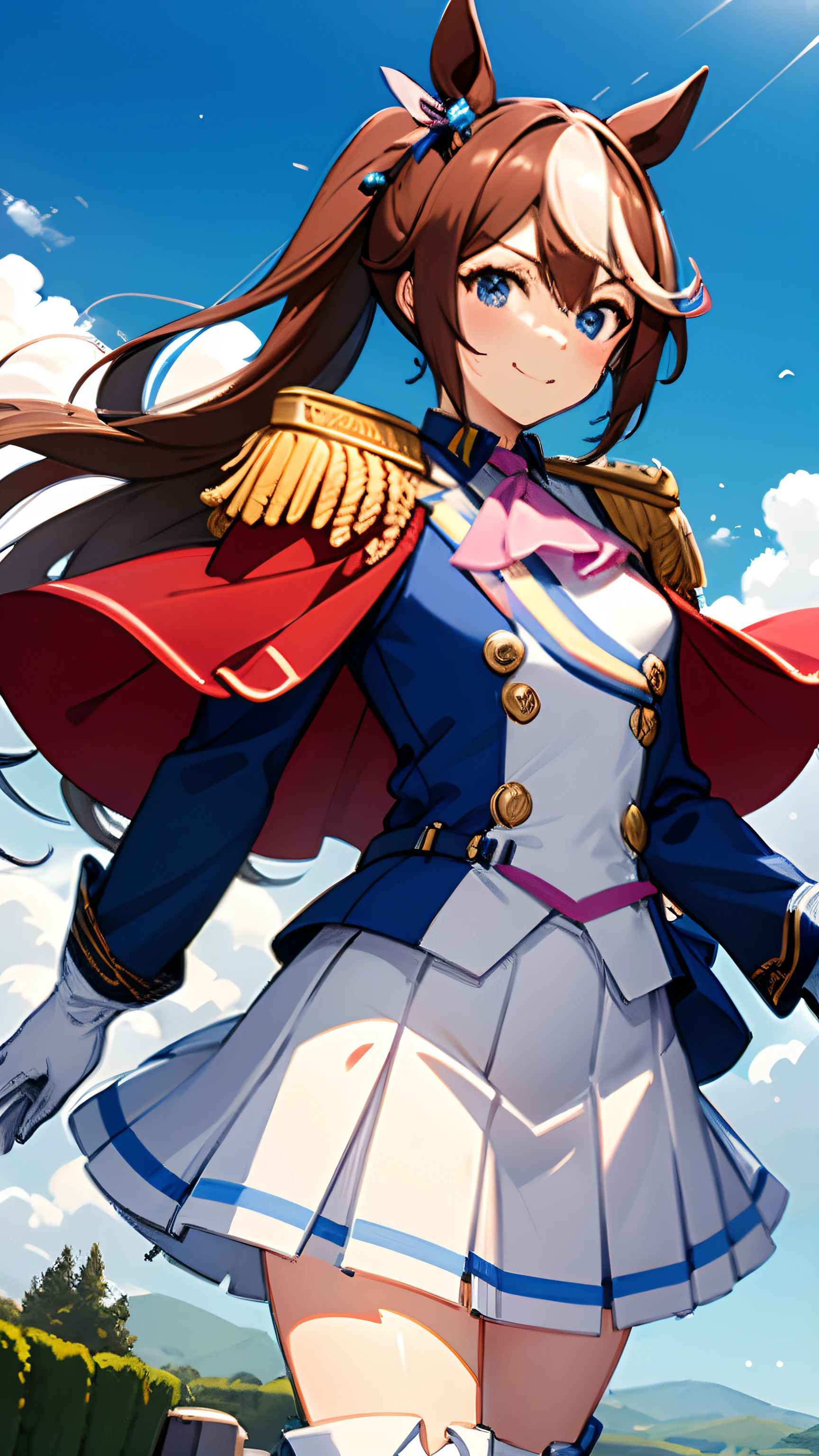 masutepiece, Best Quality,
tokai teio \(Umamusume\),
 Smile,  
Hair Ribbon, Pink ribbon, Single epaulette, Pink Ascot, red capelet, Long sleeves, asymmetrical gloves, Mismatched gloves, white glove, Blue Gloves, multicolored clothes, Two-tone jacket, White jacket, Blue jacket, Shirt, buttoning, double-breasted, White skirt, Pleated skirt, Two-tone skirt, Miniskirt, white footwear, knee boots,lawn、