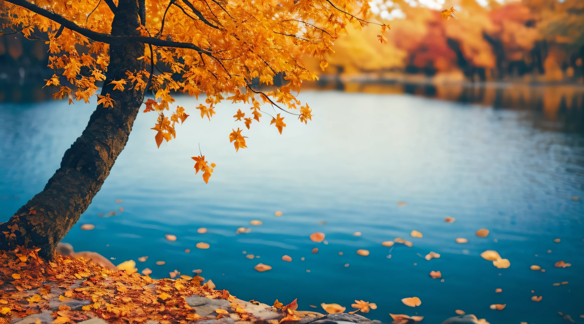 there is a tree with yellow leaves on it next to a body of water, hd wallpaper, magical leafs falling, golden autumn, autumn season, beautiful wallpaper, autumn leaves falling, autumn tranquility, nature wallpaper, leafs falling, beautiful iphone wallpaper, beatiful backgrounds, amazing wallpaper, sunset with falling leaves, soft autumn sunlight, beautiful nature, autumn lights colors, scenery wallpaper