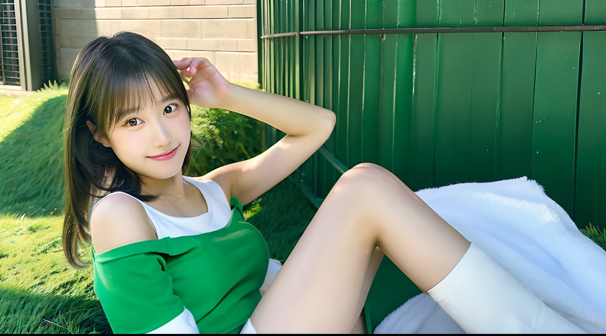 18-year-old cheergirl in a green miniskirt