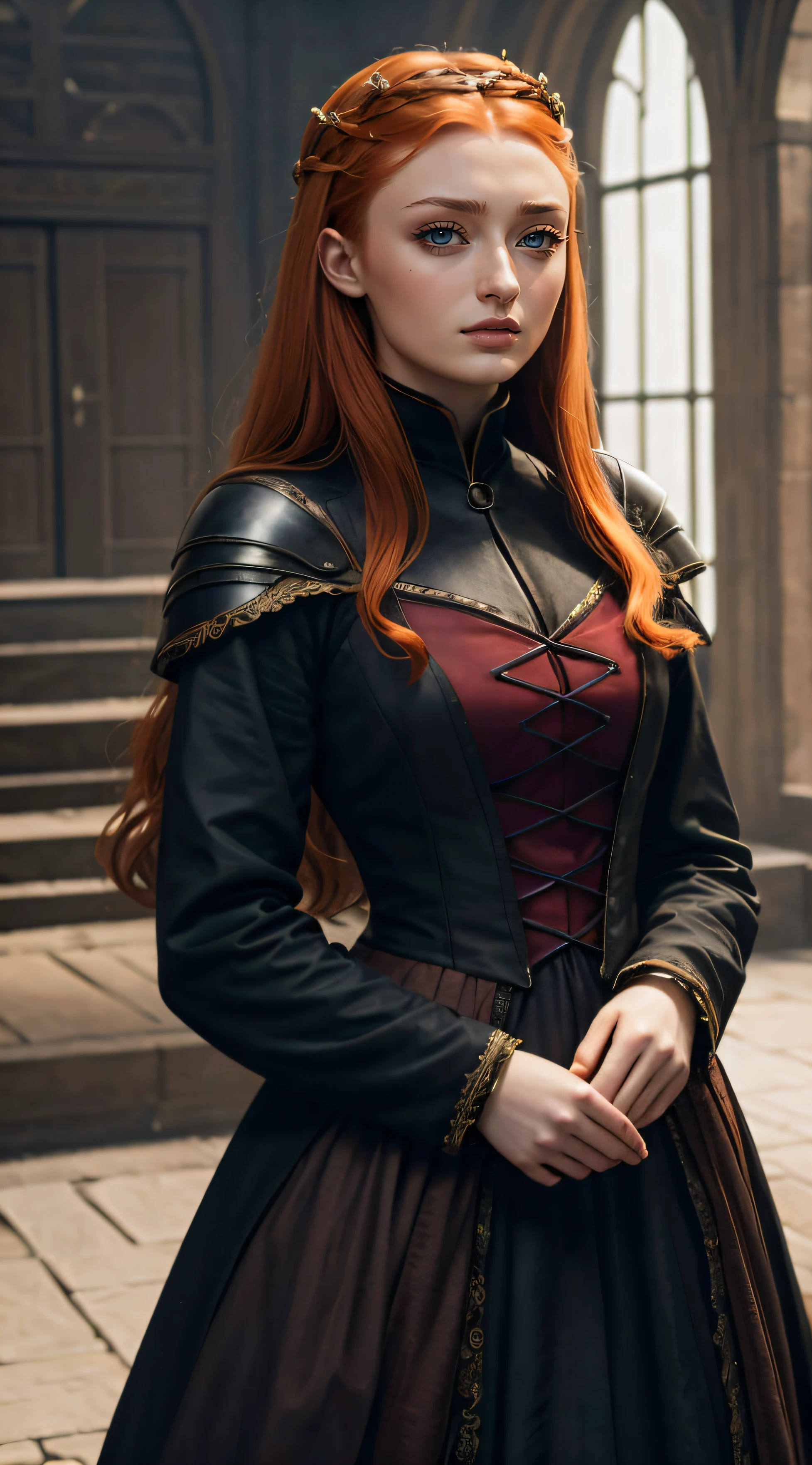 a Charachter of Sophie turner  looking at the viewer brown eyes
