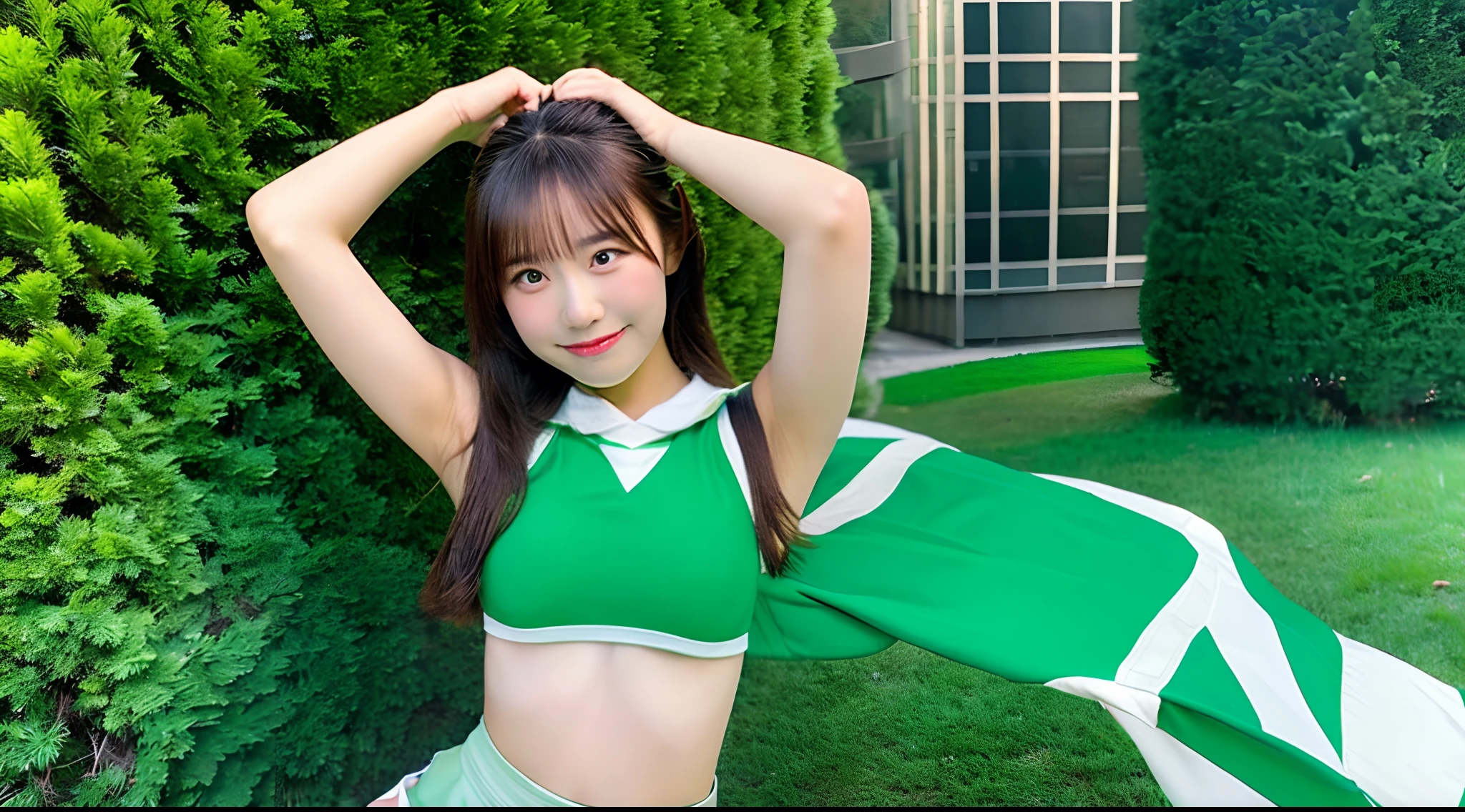 18-year-old cheergirl in a green miniskirt