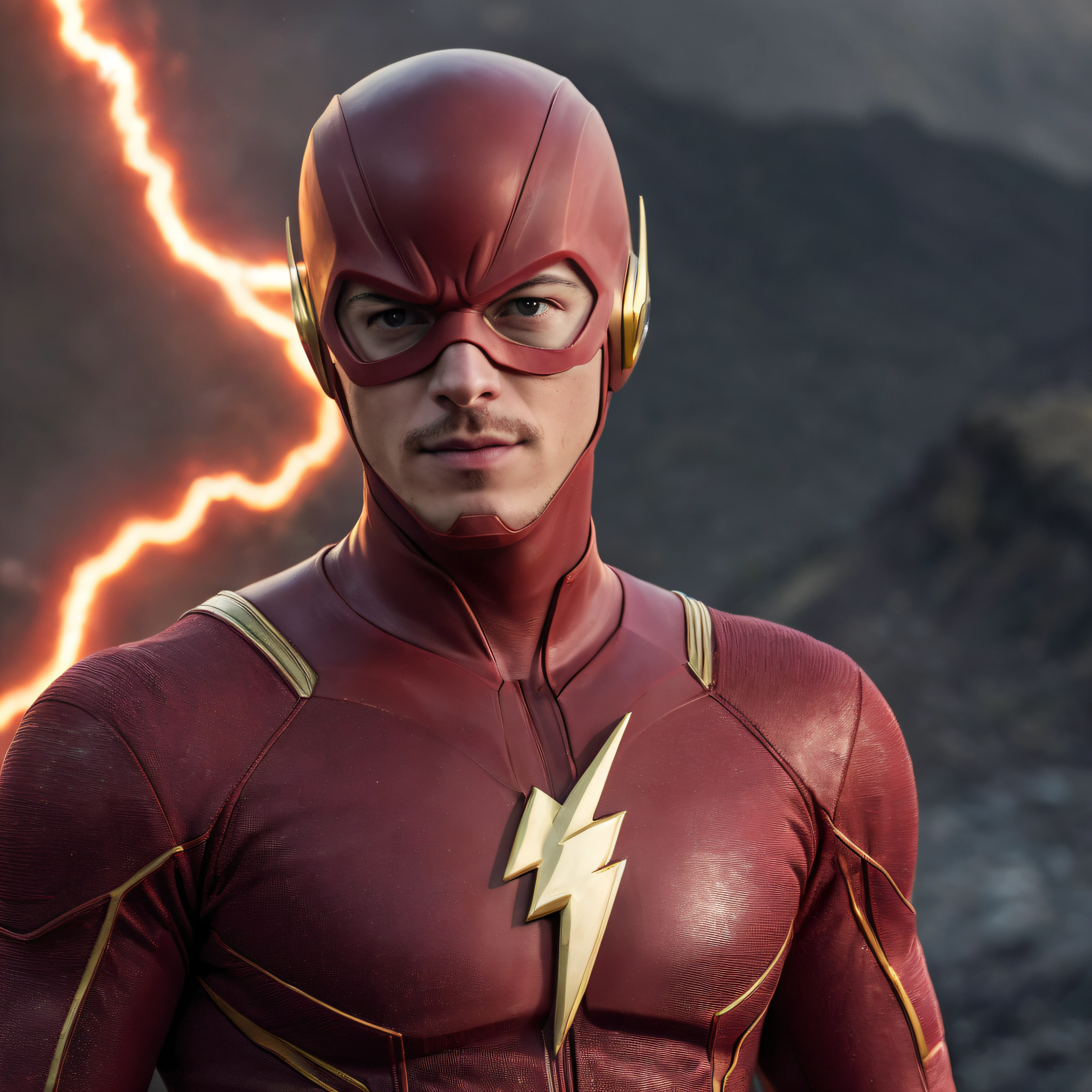 close-up, head and shoulder portrait, an extremely muscular Grant Gustin as the Flash wearing red, bandit eye mask, a bright red spandex flash suit with gold boots, and gold wrist gauntlets, extremely colorful, multicolored lightning, outer space, planets, stars, galaxies, fire, explosions, smoke, volcanic lava, craggy mountain peaks in the background, 32k UHD, 1080p, 1200ppi, 2000dpi, highly detailed, extremely sharp, vibrant, colorful, well lit, full field of depth, professional quality digital photograph,