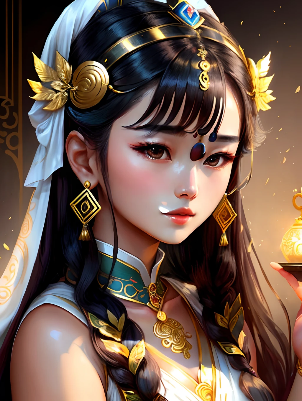 A mysterious young and beautiful Loulan goddess with a golden hairpin on her head,The eyes are full of love