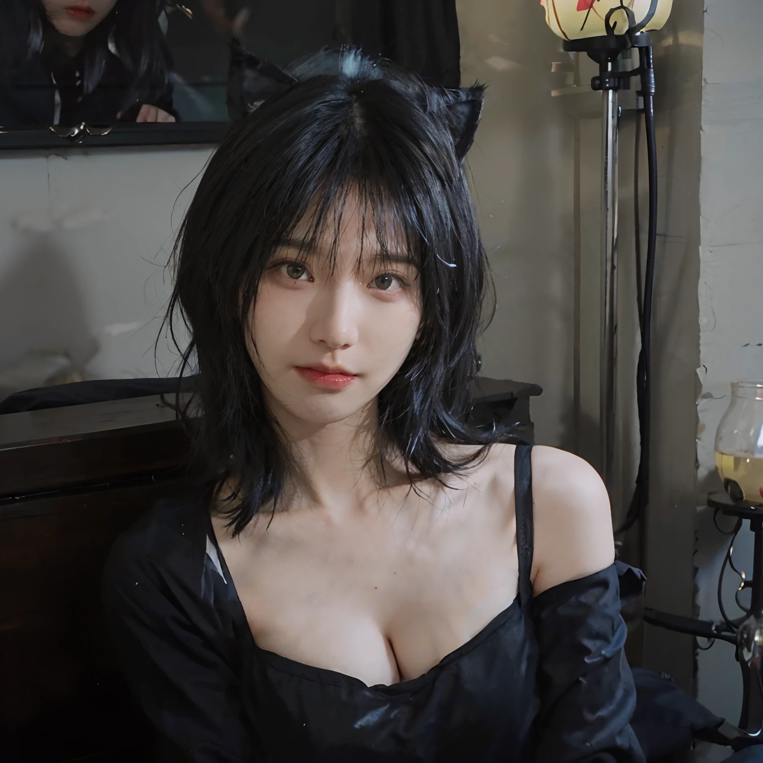 8K、(all-fours)、(((Black hair color))) 、((Wearing black underwear))、undersized head、Best Quality, masutepiece, 超A high resolution, (Realism: 1.4), Realistic Photos, (True skin texture: 1.3), (Film grain: 1.3), Beautiful eyes and face details, masutepiece, Best Quality, Full body、bob cuts、18year old、(((Black cat ears grow)))