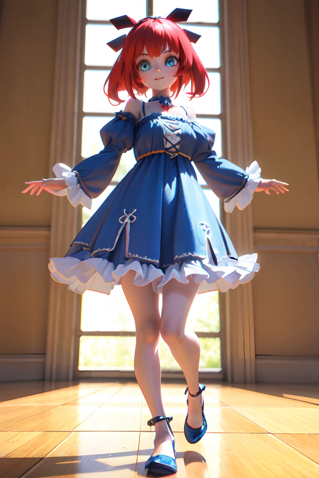 ragdoll girl, with red hair and a ribbon, blue ragdoll dress, bottons eyes, poser, 3d animated, 3 d animated, toonix character, cartoonish cute, 3d character, 3 d character, medieval, highly rendered!!,