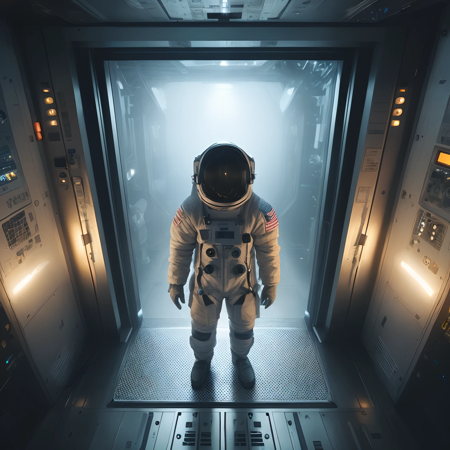 astronaut in a space suit standing in a space station, astronaut lost in liminal space, spaceman standing looking, lonely astronaut, astronaut standing looking, portrait of an ai astronaut, small astronaut looking up, dusty space suit, spacesuit, an astronaut in space, interstellar space suit, futuristic astronaut, creepy astronaut, astronaut below, astronaut in space, space suit