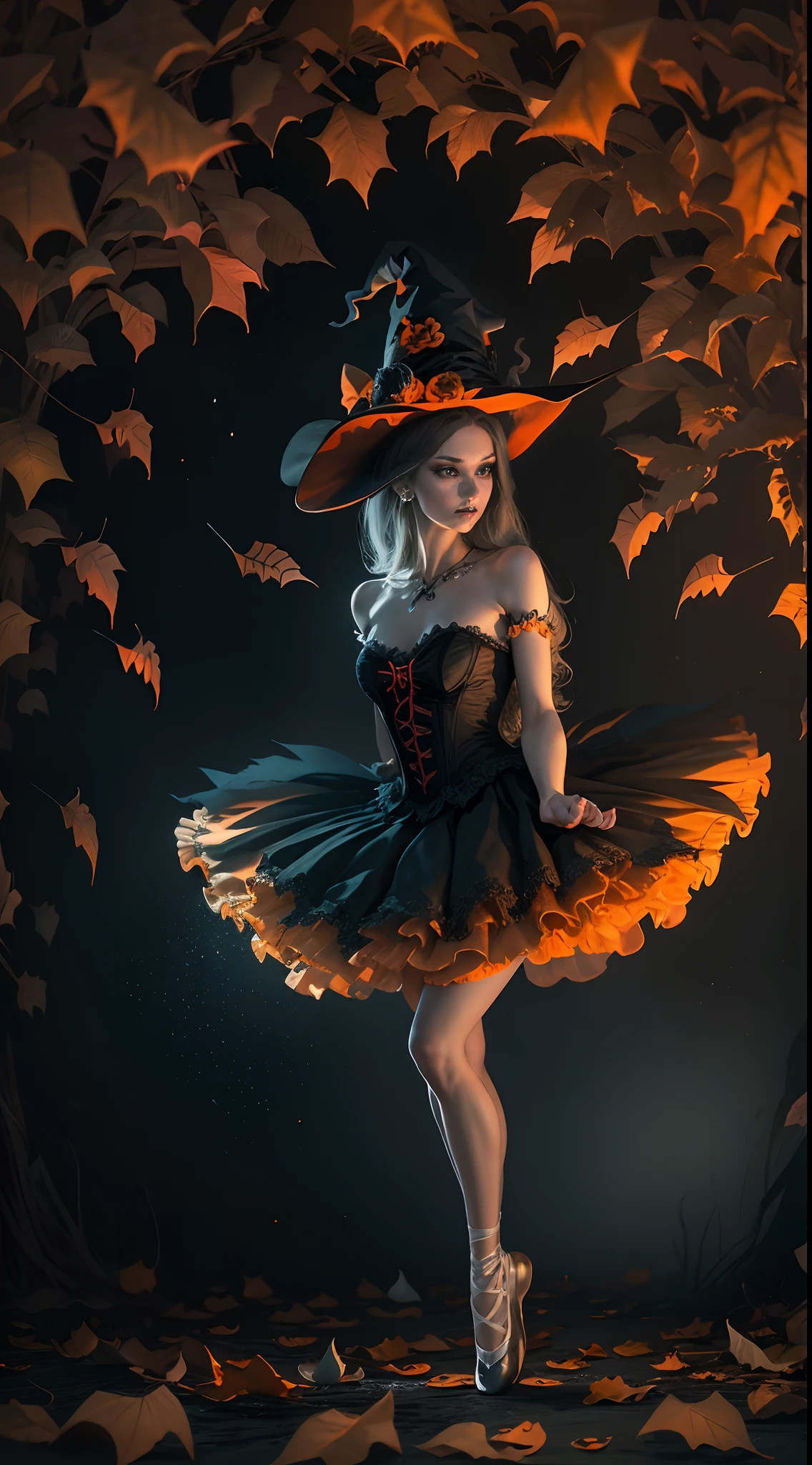 halloween theme,A ballerina,Wear a Halloween costume,ballet slippers,Vivid colors,Light jump,wings,A calm and delicate posture,Mesmerizing pointe technique,Delicate and precise footwork,Exquisite balance and control.Witch hat,Spooky makeup,background inside dark,Boers and bats,hauntingly beautiful,nighttime scene,Fallen leaves,pumpkin lantern,Terrible truth,Enchanting moonshine,Haunted mansion silhouette.((Best quality,Masterpiece:1.2,photo-realistic:1.37,Halloween:1.2))