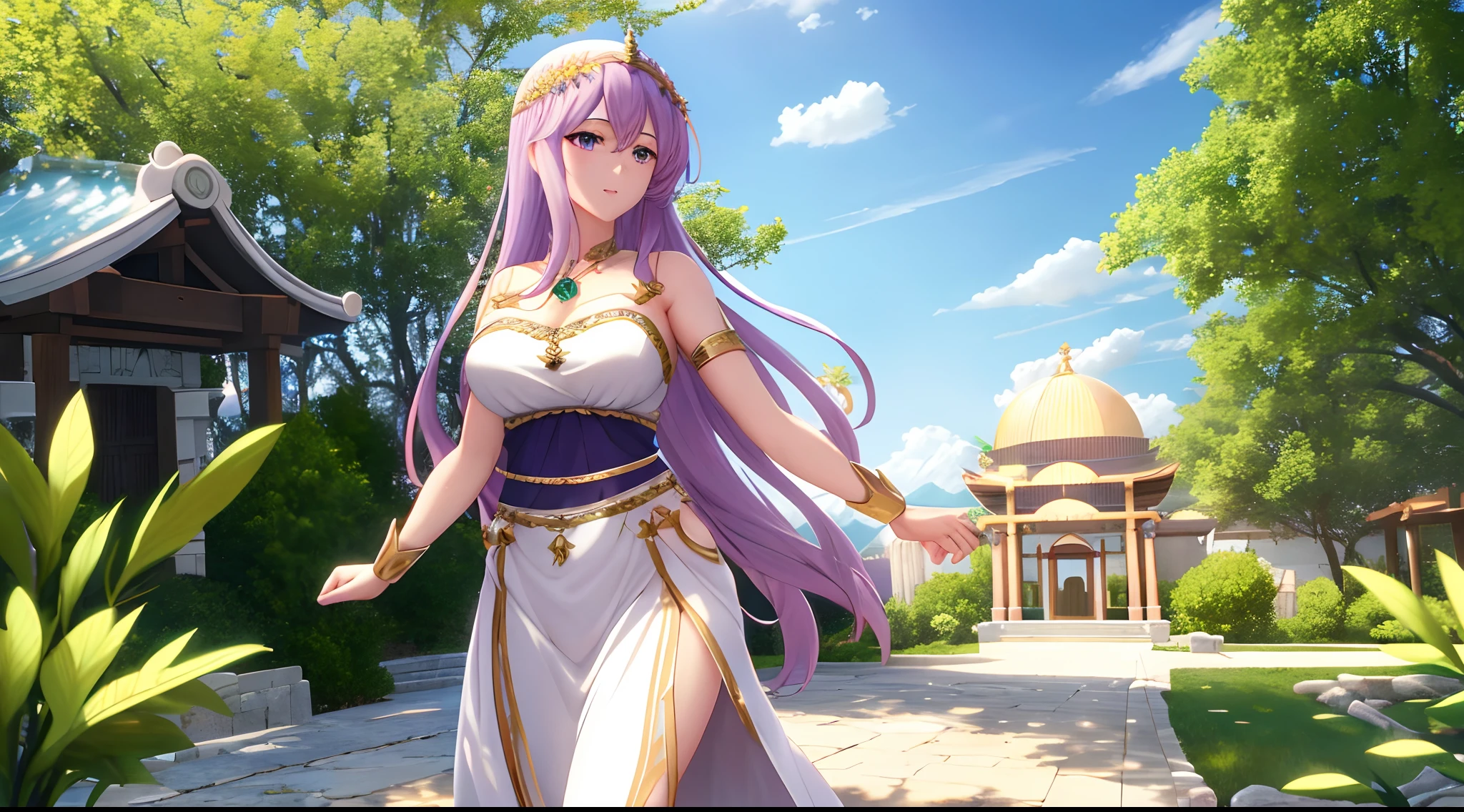Athena with plain long light purple hair,hair between eyes,green eyes,rosy cheeks,full lips,thin eyebrows,slender body,wearing greek goddess cloth and full long skirt,cute anime girl,full body,persian temple roof in background,anime style,Lumen Reflections,Screen Space Reflections,Diffraction Grading,Chromatic Aberration,GB Displacement,Scan Lines,Ray Traced,Anti-Aliasing,FXAA,TXAA,RTX,SSAO,Shaders,OpenGL-Shaders, GLSL-Shaders,Post Processing,Post-Production,cell Shading,Tone Mapping,CGI,VFX,SFX,insanely detailed and intricate, 4K,standing, solo, masterpiece, best quality, detailed face, detailed eyes, highres, standing, solo,masterpiece, best quality