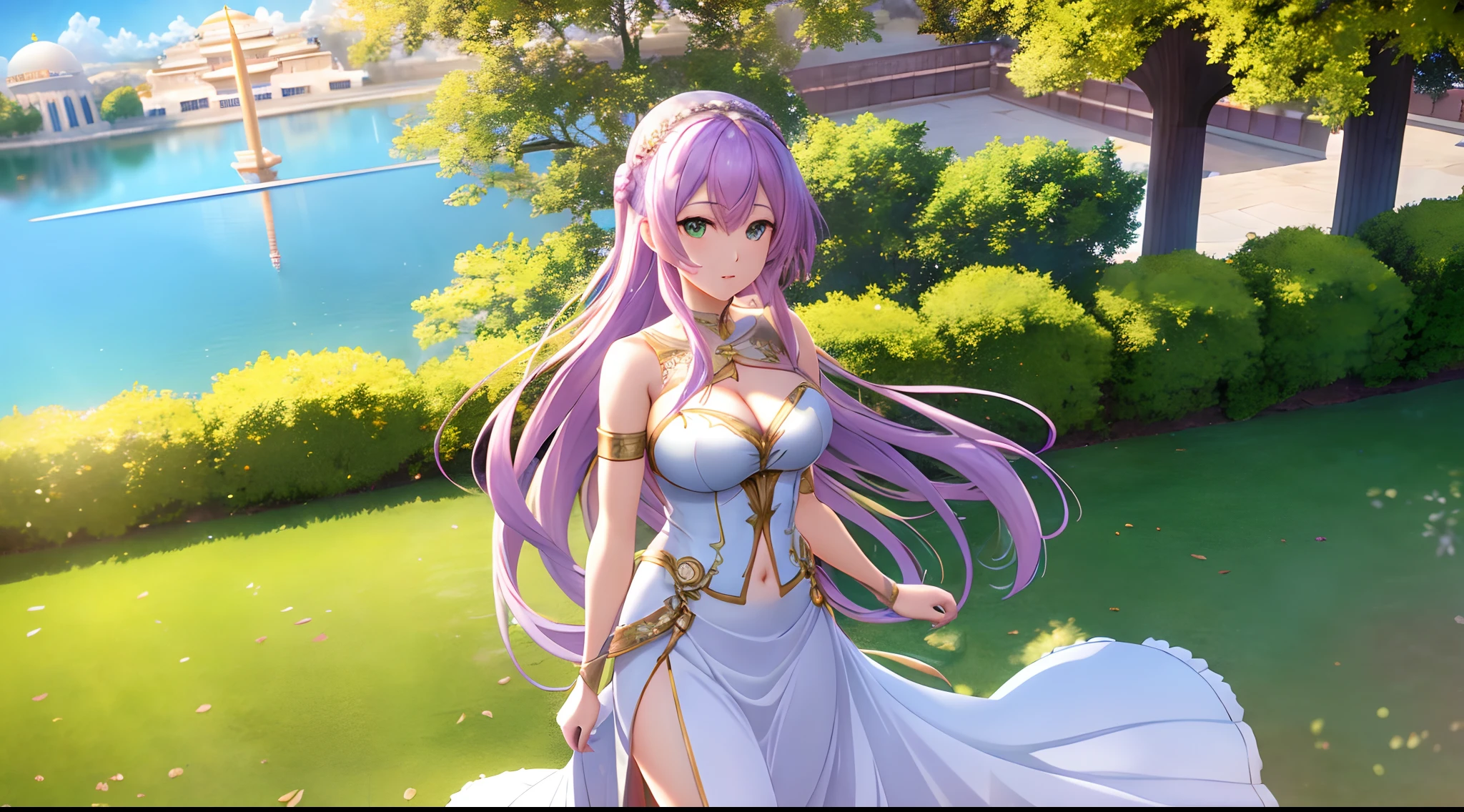 Athena with plain long light purple hair,hair between eyes,green eyes,rosy cheeks,full lips,thin eyebrows,slender body,wearing greek goddess cloth and full long skirt,cute anime girl,full body,persian temple roof in background,anime style,Lumen Reflections,Screen Space Reflections,Diffraction Grading,Chromatic Aberration,GB Displacement,Scan Lines,Ray Traced,Anti-Aliasing,FXAA,TXAA,RTX,SSAO,Shaders,OpenGL-Shaders, GLSL-Shaders,Post Processing,Post-Production,cell Shading,Tone Mapping,CGI,VFX,SFX,insanely detailed and intricate, 4K,standing, solo, masterpiece, best quality, detailed face, detailed eyes, highres, standing, solo,masterpiece, best quality