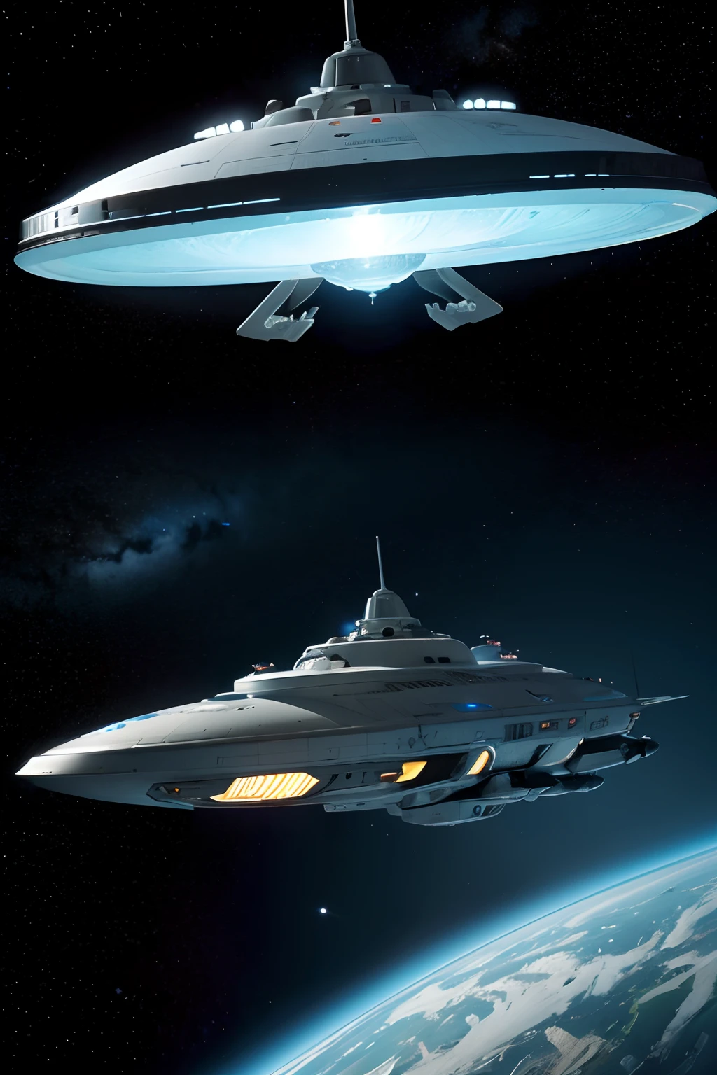 high high quality, Extraterrestrial, Alien cyborgs, Background with stars, broad, stars , Space Battleship，flying saucer， Spaceship, scientific fiction, Retro, 1950s, Sci-fi, lost in space,
