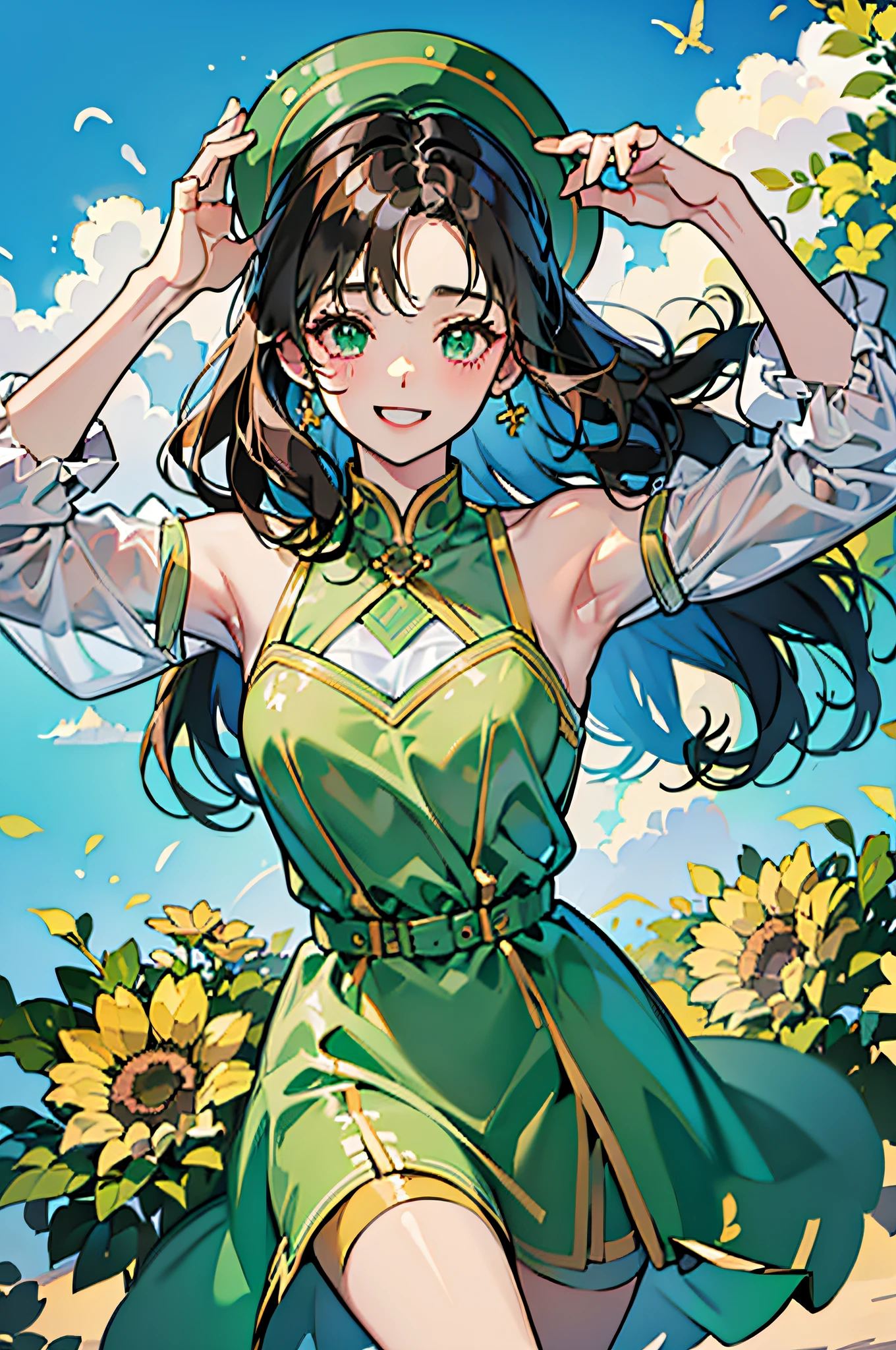 (in 8K、top-quality、masterpiece:1.2)、1人の女性、(Smiling smile:1.1)、beautidful eyes、Valley、The upper part of the body、shorth hair、Like a boy、Colossal tits、Green View、