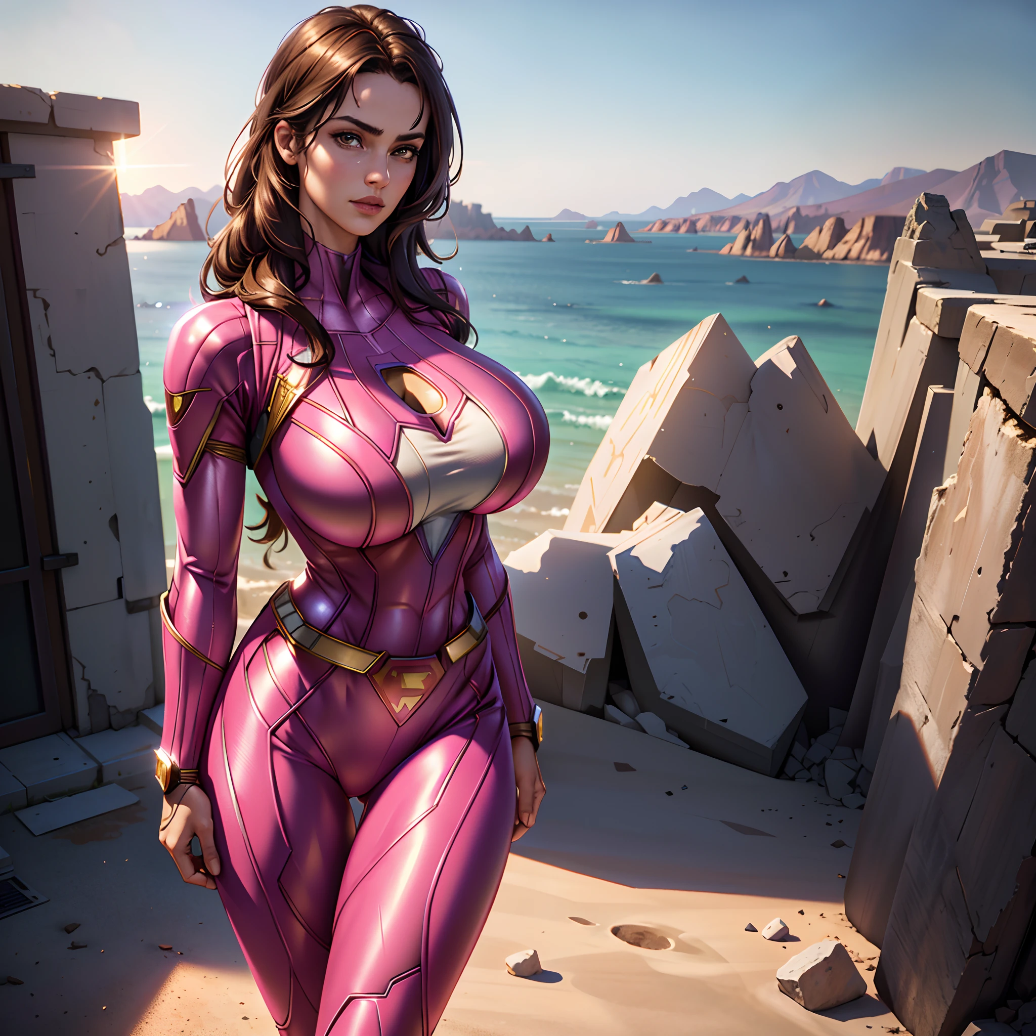 half-length,1girl,(Perfect figure,be tall and slim),solo,standing,(outdoor:1),sky,Focus on the face,Beautiful face,Detailed delicate young face, pink superhero suit, (Super hero suit:1.5),Jumpsuit,(huge breasts,Big tits,Big breasts:1.3),thigh gap,camel toe, long brown hair, skirt
realistic style,vivid picture,masterpiece, (best quality:1.2),ultra-detailed,realistic,High definition,High quality,Cinematic Light,Ray tracing,ultra high res,UHD,(photorealistic:1.5),intricate details,detailed texture,finely detailed,High quality shadow