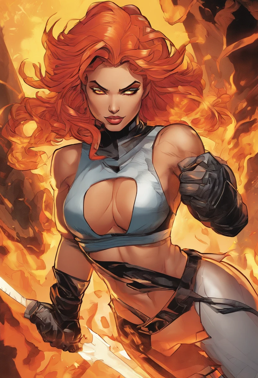 A female demigod, futuristic, wild red and yellow hair, orange eyes, toned muscles, curvaceous body, tan skin, fire manipulation, black tank top, leather pants, gold jewelry, thuggish, smug grin, hyper detailed, masterpiece.