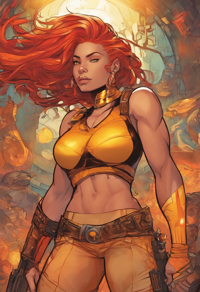 A female demigod, futuristic, wild red and yellow hair, orange eyes, toned muscles, curvaceous body, tan skin, fire manipulation, black tank top, leather pants, gold jewelry, thuggish, smug grin, hyper detailed, masterpiece.