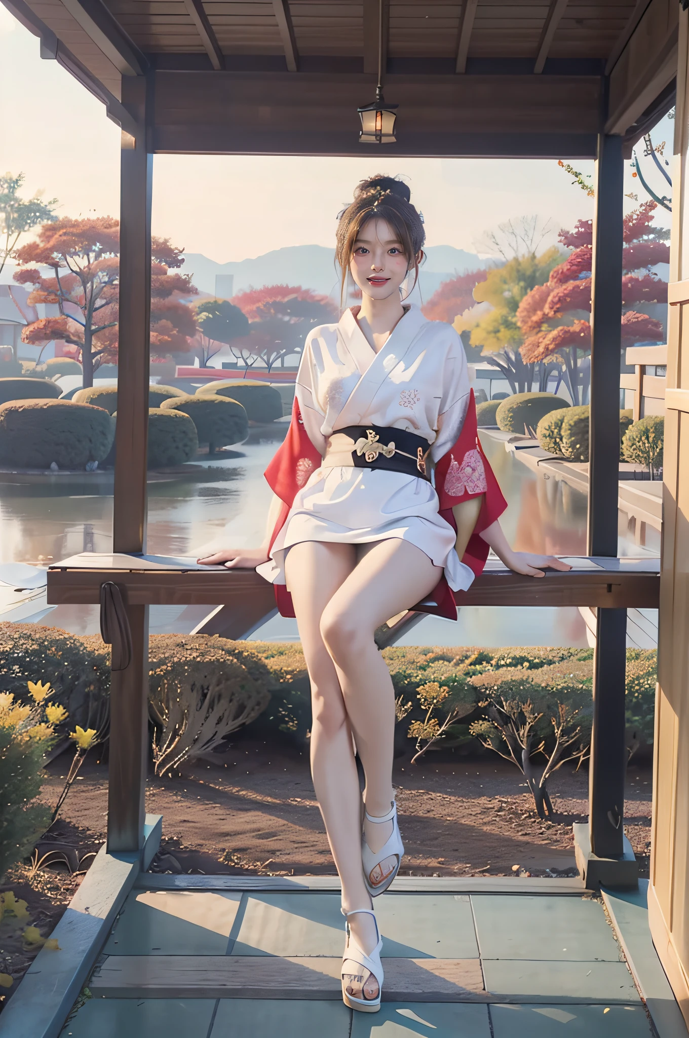 (Full body:1.5),(((1girl in)):1.3),(view the viewer:1.4),((anatomy correct):1.45),((Sitting on the porch):1.2),(Feet to the viewer:1.15),(A smile:1.15),(red kimono with floral print:1.2),((((((Patterned))))) ,(white panty hose):1.3),(Feet that take up the entire screen:1.1),(Accurate and perfect face:1.3),(Brunette Hair Bun:1.2),hyper HD, Ray traching, reflective light, Structurally correct, awardwinning, high detailing, Lighten the shade contrast, Face lighting ,Cinematic lighting, masutepiece, super detailing, High quality, high detailing, Best Quality, 16 K,High contrast,taisho roman、(((Geta)))、Japanese garden、(((cross one's legs))、Autumn leaves dyed red
