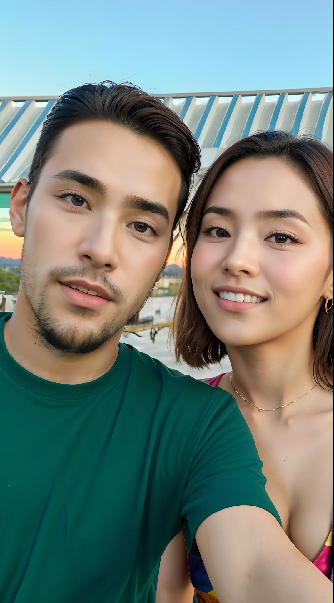 extremadamente detallado, Calidad de obra maestra, estilo impresionista, Vivid and vibrant sunset, Pareja joven en New York, Profundidad de campo suave, majestuoso edificio al fondo, Warm and rich colors, Tactile and expressive textures.