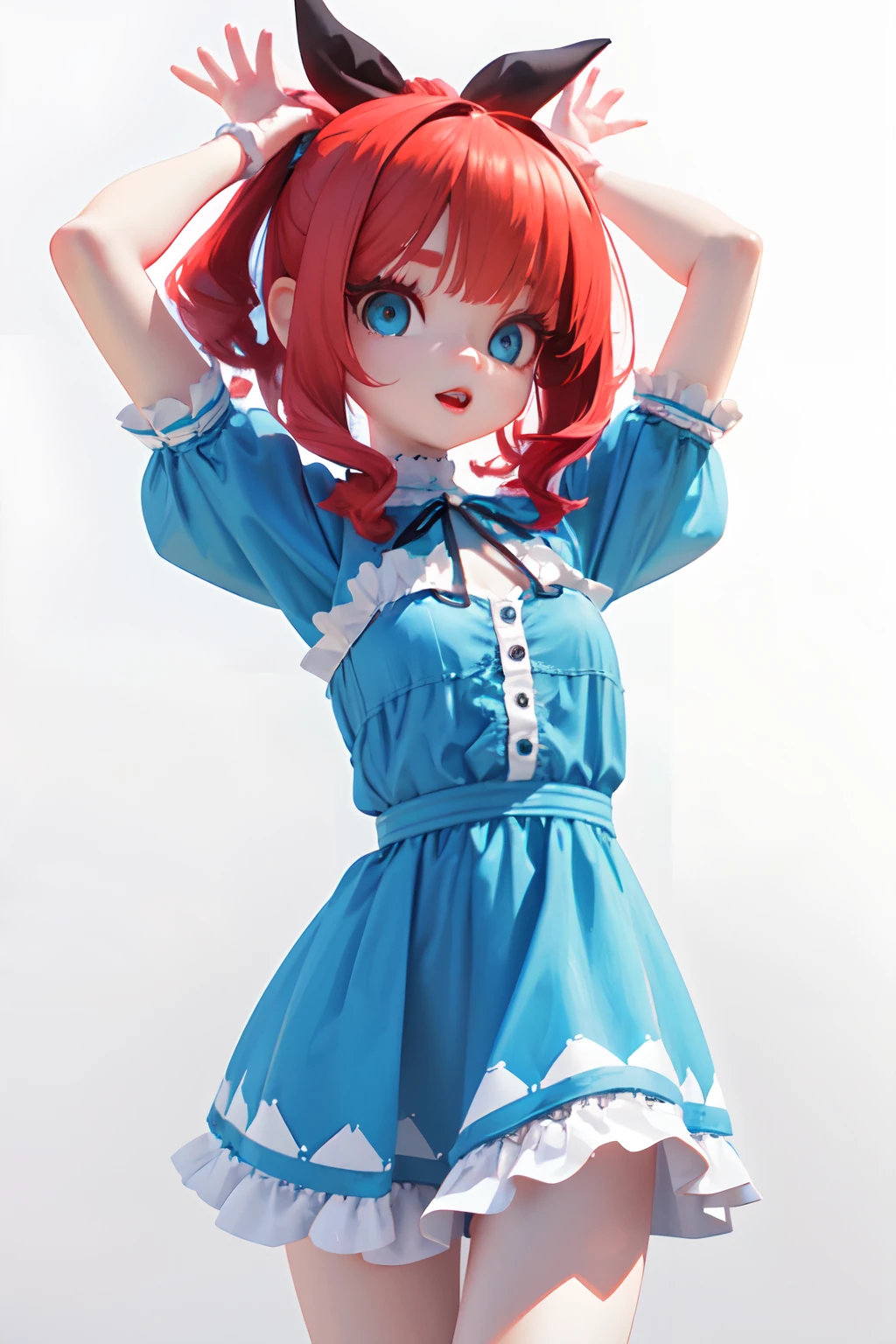 ragdoll girl, with red hair and a ribbon, blue ragdoll dress, bottons eyes, poser, circus background, performer,3d animated, 3 d animated, toonix character, cartoonish cute, 3d character, 3 d character, medieval, highly rendered!!,