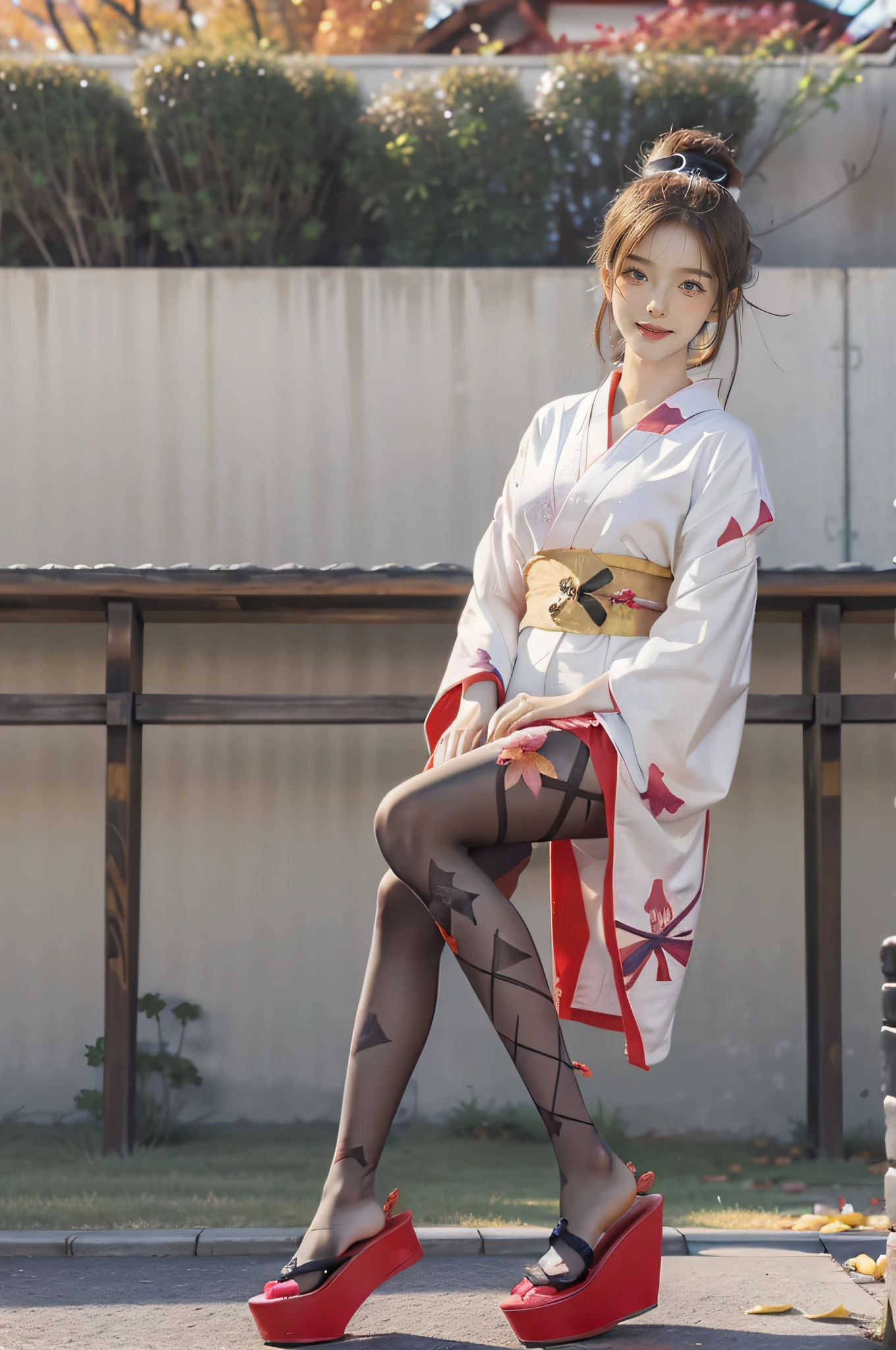 (Full body:1.5)，(((1girl in)):1.3),(view the viewer:1.4)，((anatomy correct):1.45),((tabi):1.2),(Feet to the viewer:1.15),(A smile:1.15)，(red kimono with floral print:1.2),((((((Patterned))))) ,(pantyhose):1.3),(Feet that take up the entire screen:1.1)，(Accurate and perfect face:1.3),(Brunette Hair Bun:1.2)，hyper HD, Ray traching, reflective light， Structurally correct, awardwinning, high detailing, Lighten the shade contrast, Face lighting ，Cinematic lighting, masutepiece, super detailing, High quality, high detailing, Best Quality, 16 K，High contrast,taisho roman、(((Geta)))、Japanese garden、(((cross one's legs))、Autumn leaves dyed red