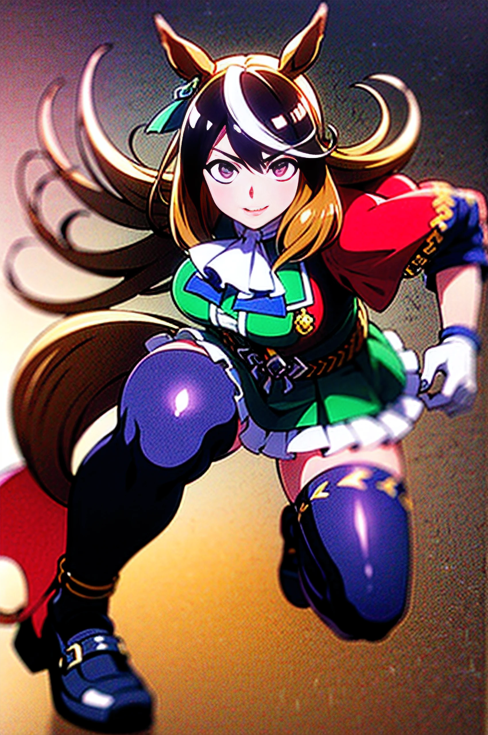 (top-quality:1.3), (​masterpiece:1.4),(Anatomically correct), (Full limbs),(complete fingers),(Precise fingertips), (Fine details),(8K),Photorealista,(Super Detail),(90s Anime,9 0 s anime,9 0 s anime style,anime cels,cel shaded anime),(Symbolic Rudolph (Umamusume):1.52), horse ear, animal ear, 独奏, Horse Girl, tailed, Horse's tail, thighs thighs thighs thighs, brown haired, gloves, length hair, O cabelo multicolorido, black thighhighs, white glove, epaulette, Single epaulette, striated hair, Cape, a purple eye, red cape, jewely, ascot, long-sleeve, white  hair, Black footwear, 耳Nipple Ring, White Ascot, Single earring, skirt by the, Ezirre, Green jacket, frilld, jaket, hair between eye, Green skirt, Ruffled skirt, a closed mouth, bangss, buttoning, gold trim, a belt, Green dress, doress, medal, (Running:1.1), deph of field, plein air,
(Running), (1人の女性:1.5), Beautiful face, Intense lighting),raw, Dramatic light,???????? Everywhere,(joyous expression:1.4), (Raging Eyes:1.2), ),spell magic, Magic Circle, ((magic in hand)),(using light magic:1.14),imaginative overlays, artistic fusion,fantastical scenes, evocative narratives, striking visuals,