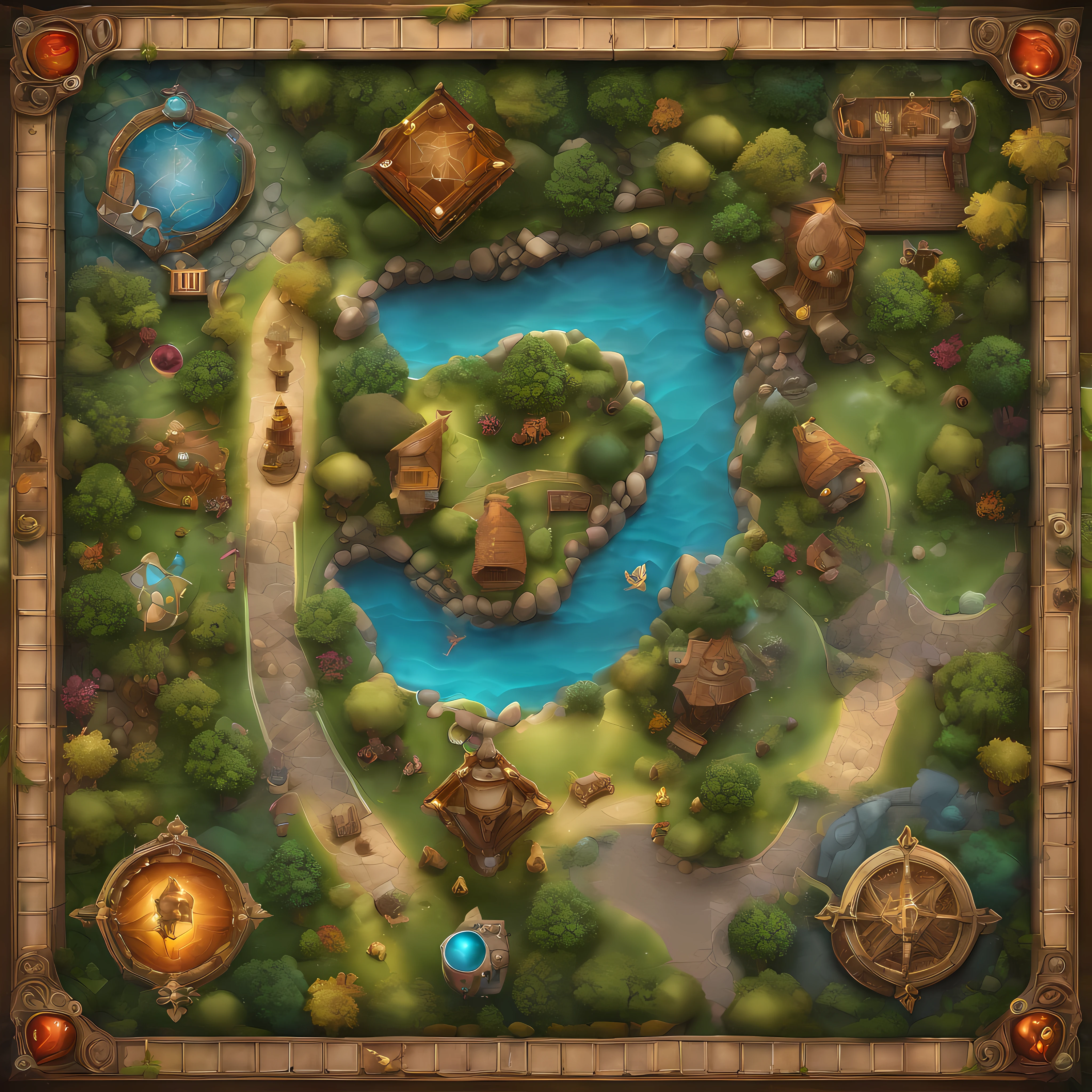fantasy board game template,top view,3D render,ultra-detailed,map with color and number squares,mythical creatures,fairy tale characters,magical elements,vibrant colors,stunning art,illustration style,beautifully textured board,surreal landscapes,and intricate designs.
