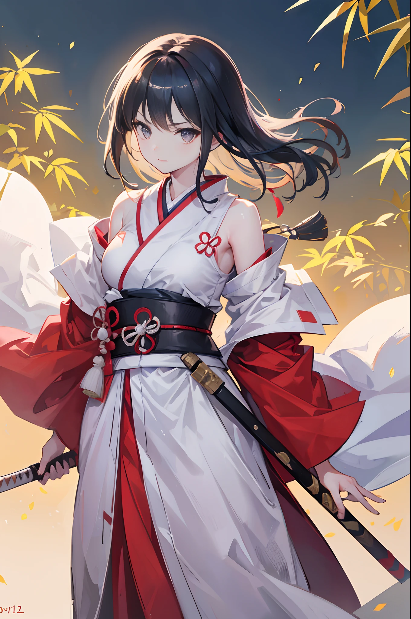 Female Samurai Photos, Attitude to battle, With a sword drawn from its sheath, Ready for battle, wearing a fox mask, wearing a samurai costume (kimono) (Bamboo forest wind), (The wind blew the leaves away), Cut her shoulder ( High skin detail: 1.2), 8K Ultra HD, Single-lens reflex camera, Soft lighting, high quality, Film Grain, Fujifilm XT3