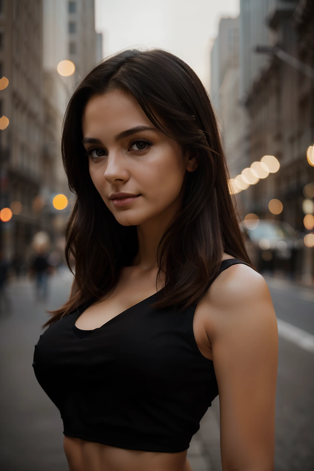 photography of a stunning girl, in the city, wearing a black top, enjoying, girl, summer, hot girl, (((medium bust))), brunette hair, long_hair, looks into the camera, symmetrical face, photorealistic, photography, spectacular lighting,, gorgeous, cleavage, western, (masterpice), best quality, high resolution, extremely detailed, skin with pores, blurred background, depth of field, cinematic lighting