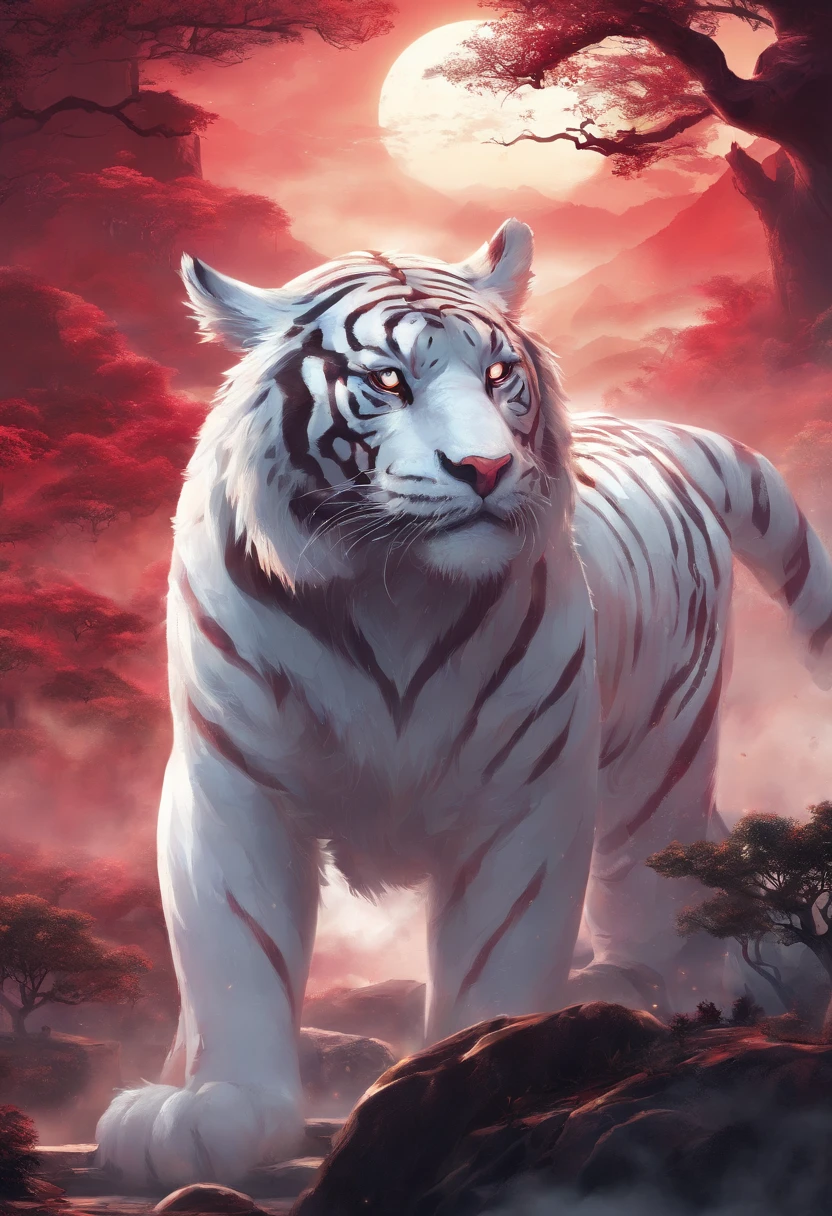 China-style,Chinese mythology,White Tiger,roar,ferocious,gigantic,Eyes glow red,glow effects,High hills,cloudy fog,the night,Medium View Scene,body complet, like a, highly detailed surreal vfx,oc render, - AR 16:9 --q 2 --s 1000