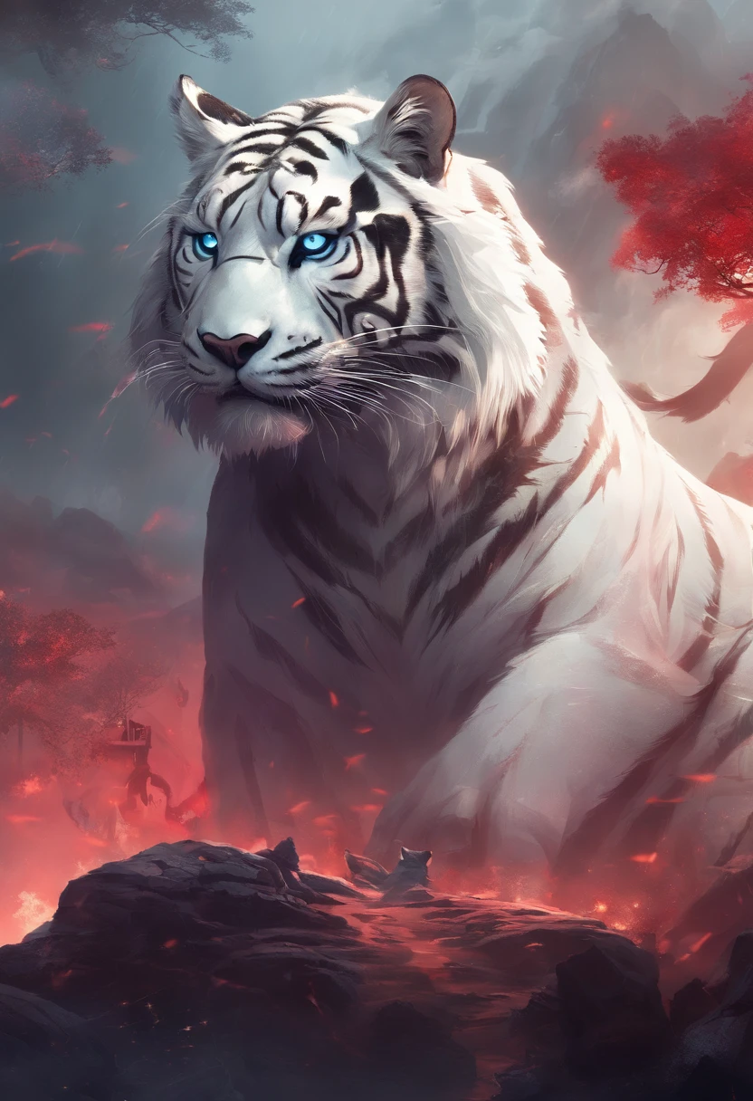 China-style,Chinese mythology,White Tiger,roar,ferocious,gigantic,Eyes glow red,glow effects,High hills,cloudy fog,the night,Medium View Scene,body complet, like a, highly detailed surreal vfx,oc render, - AR 16:9 --q 2 --s 1000