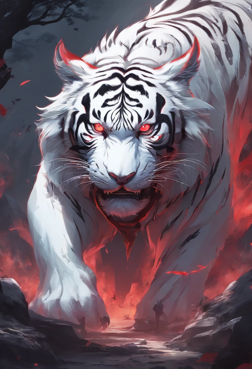 China-style,Chinese mythology,White Tiger,roar,ferocious,gigantic,Eyes glow red,glow effects,High hills,cloudy fog,the night,Medium View Scene,body complet, like a, highly detailed surreal vfx,oc render, - AR 16:9 --q 2 --s 1000