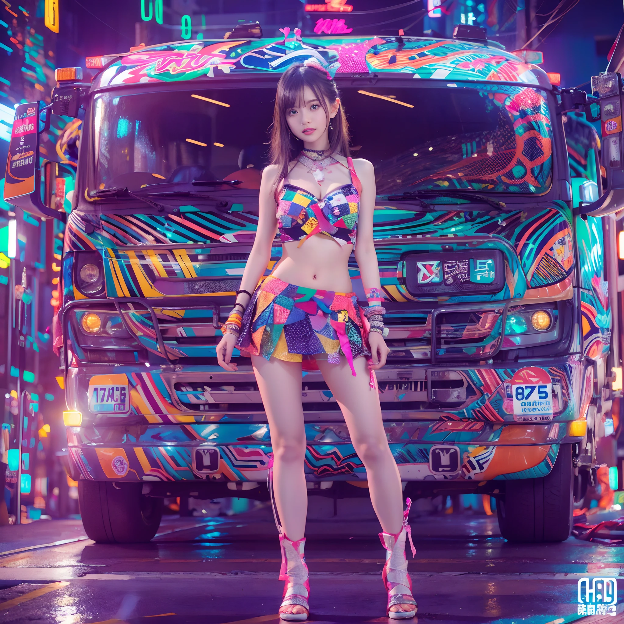 8k, top-quality, （pubic hair beauty）、hight resolution, realisticlying, realperson, Photo: Glamorous「Dekotora」Confident on top of々Girl Standing (Decorated Trucks) With dazzling neon lights. The tracks are covered with intricate designs and shimmering decorations. The Girl, Against the background of these synchrotron radiation, Take dynamic poses, Her outfit is、It complements the vibrant aesthetic of the truck、huge tit、beauty legs、Short clothes that expose the stomach、micromini skirt