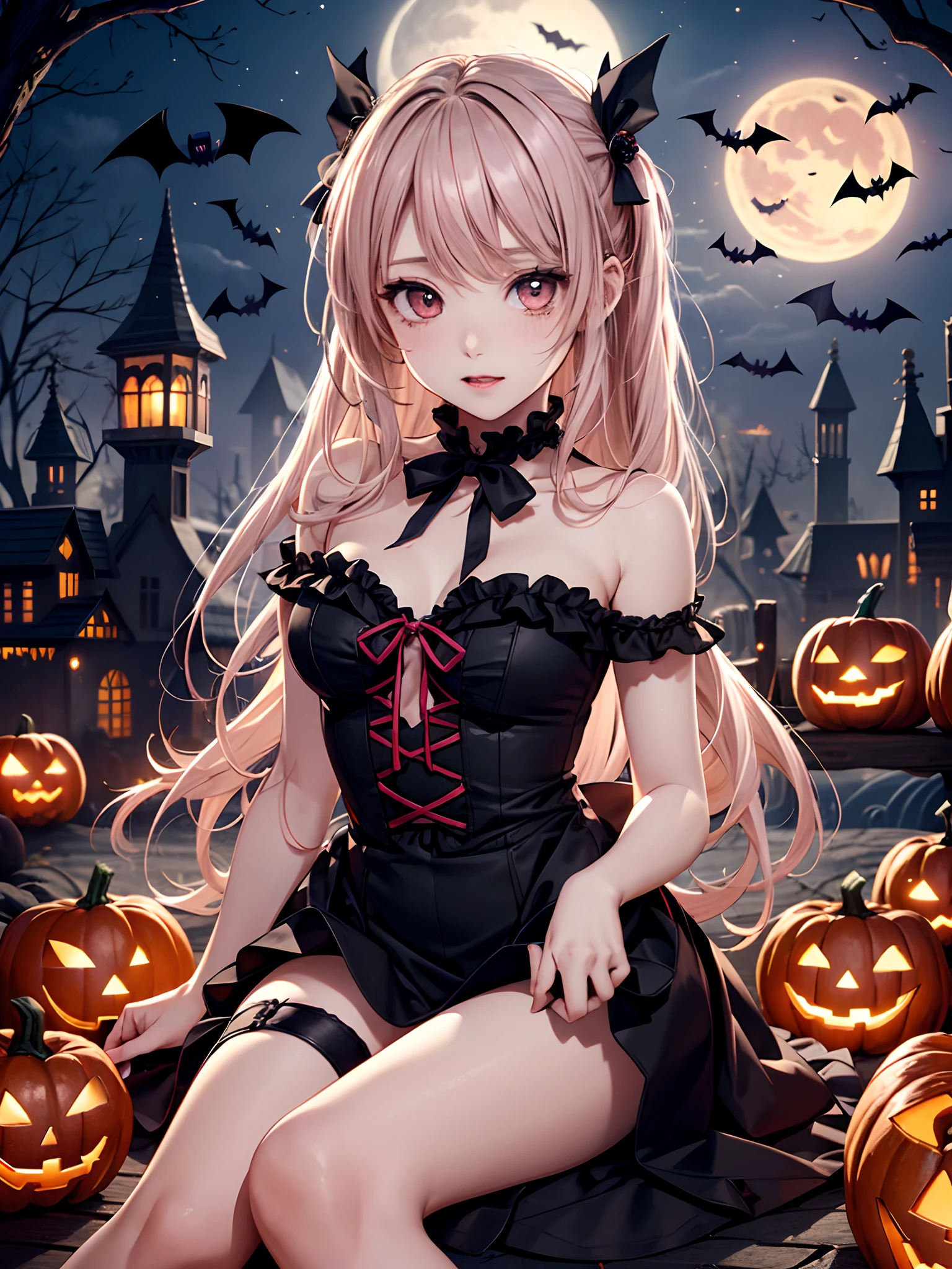 (Chibi:1.3),absurderes, ultra-detailliert,bright colour, extremely beautiful detailed face and eyes,top-quality、masutepiece、horor、Valley、cabelos preto e longos、red eyes、Return blood、Ruins、starrysky、Red Moon (Beautiful Gothic Black Dress, Cute pink Ribbon, Beautiful frills),(Halloween Party:1.2)、Lots of bats、Lots of lanterns、Lots of candles、Sit on the pumpkin ghost、Have a glass of blood,