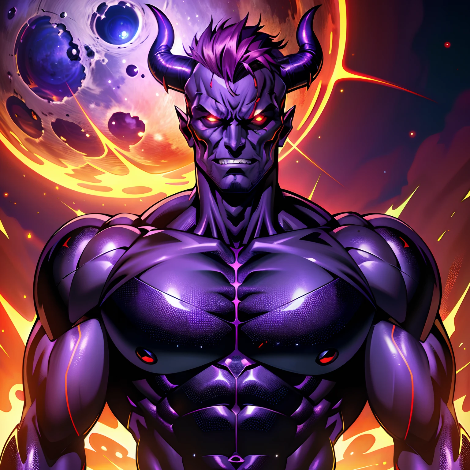 ((masterpiece)), ((8k resolution)), ((a demonic super villian)), huge, metallic, red eyes, in purple planet, muscular, strong, (((4k))), ((((highly detailed)))), strong, aura, glow, neon