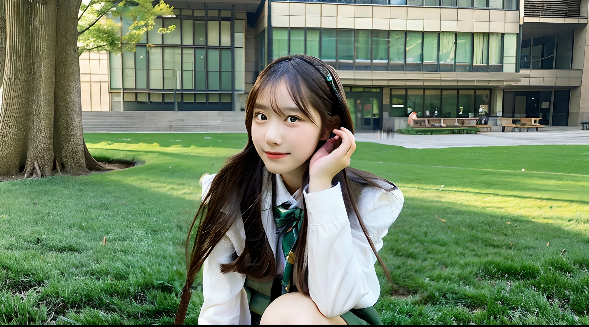 Cute high school girl 18 years old wearing a green miniskirt