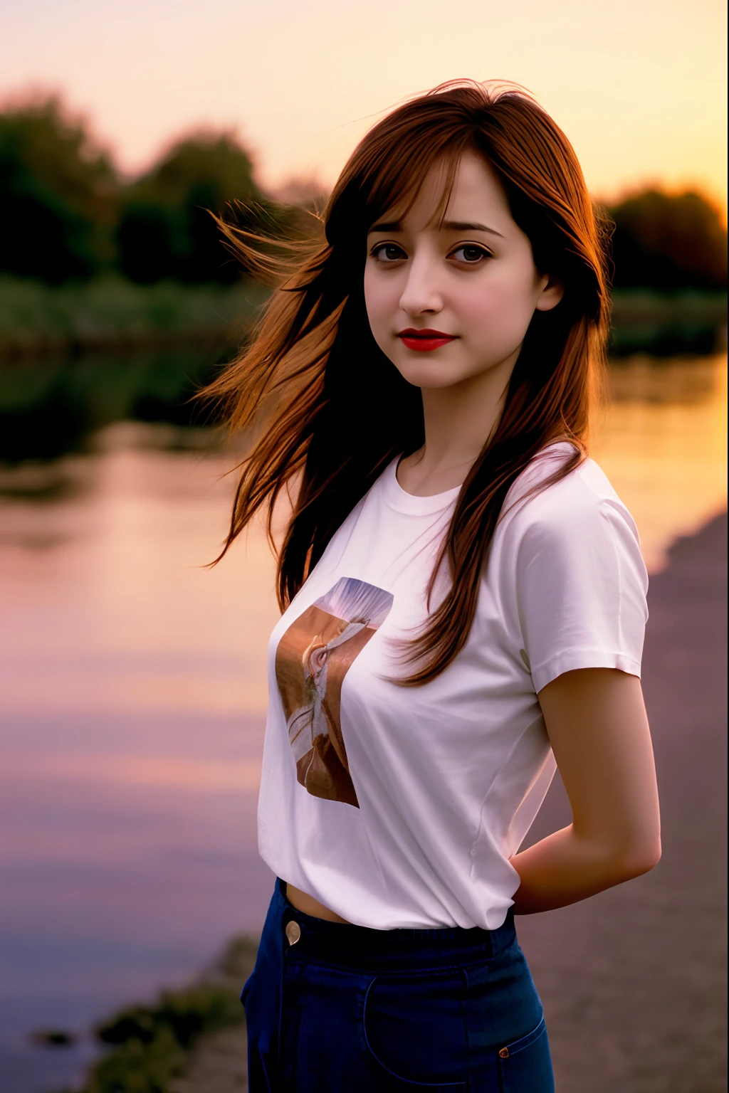 Best quality long hair , , Caucasian Allison Mack , red lips , women , dark hair , happy , blurry, soft skin, , expressive eyes , , , at river sunset ,, , t-shirt, jens pants